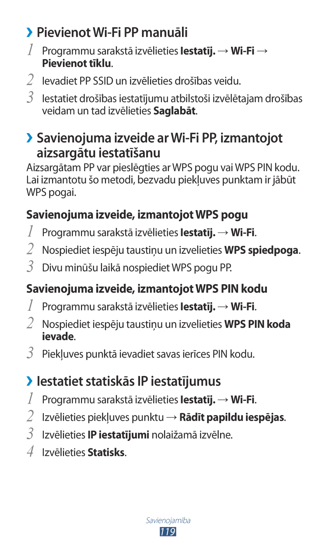 Samsung GT-I9300RWZSEB, GT-I9300GRZSEB ››Pievienot Wi-Fi PP manuāli, ››Iestatiet statiskās IP iestatījumus, Ievade, 119 