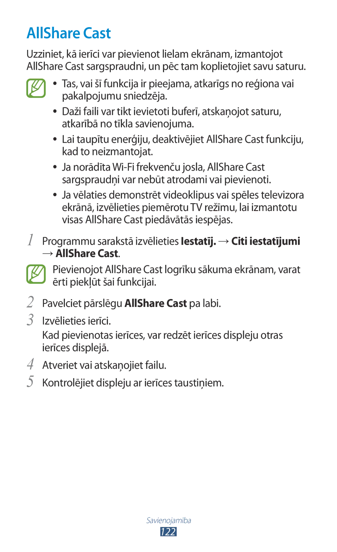 Samsung GT-I9300MBDSEB manual Programmu sarakstā izvēlieties Iestatīj. → Citi iestatījumi, → AllShare Cast, 122 