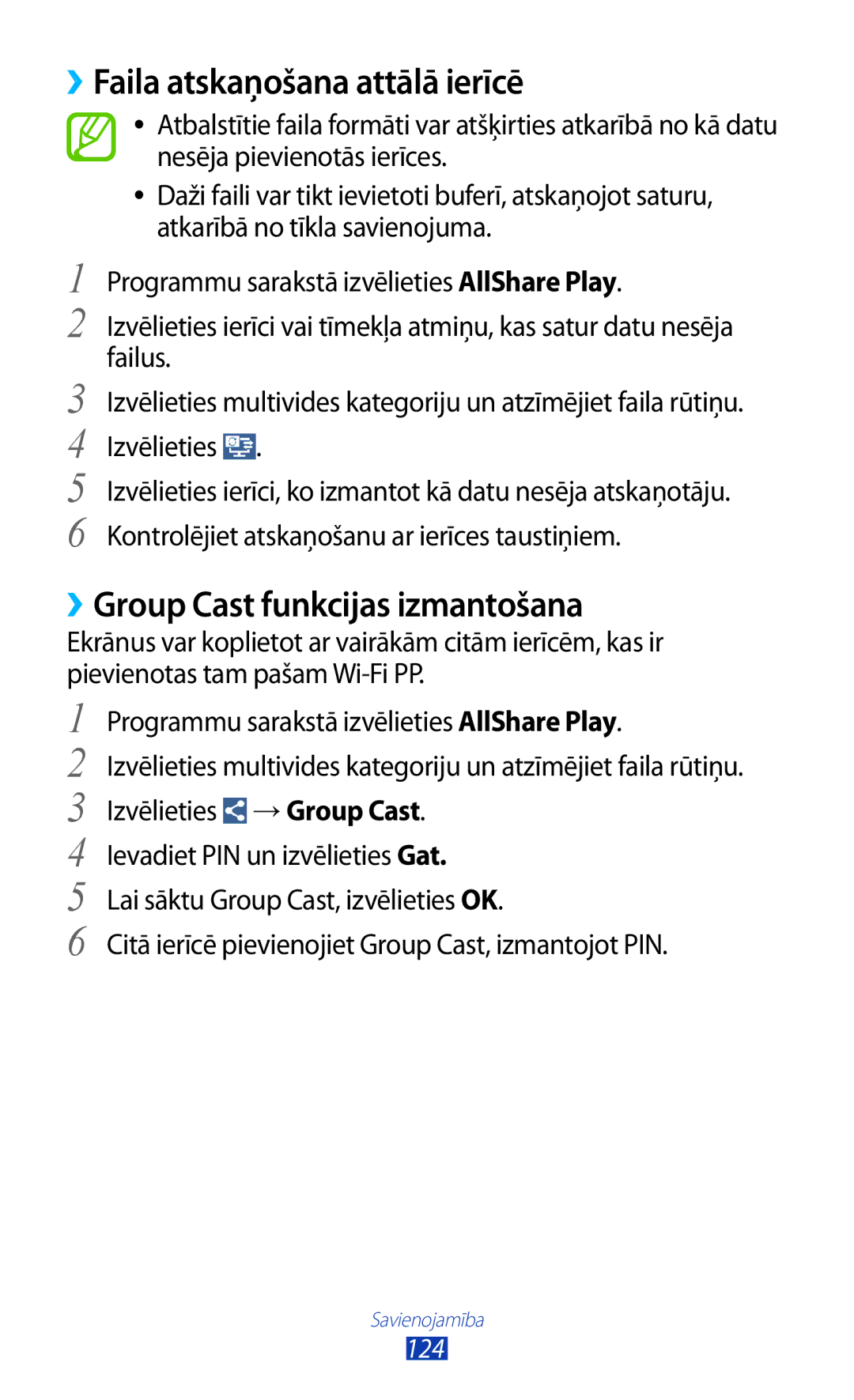 Samsung GT-I9300OKESEB, GT-I9300GRZSEB manual ››Faila atskaņošana attālā ierīcē, ››Group Cast funkcijas izmantošana, 124 