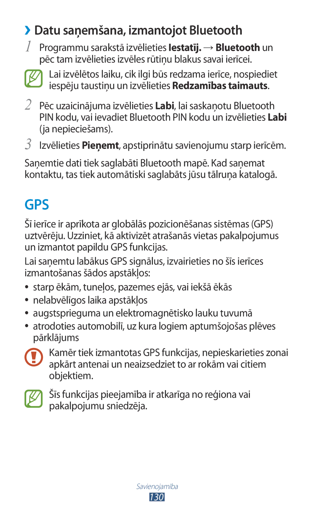 Samsung GT-I9300RWDSEB, GT-I9300GRZSEB, GT-I9300ZNDSEB, GT-I9300RWZSEB manual ››Datu saņemšana, izmantojot Bluetooth, 130 