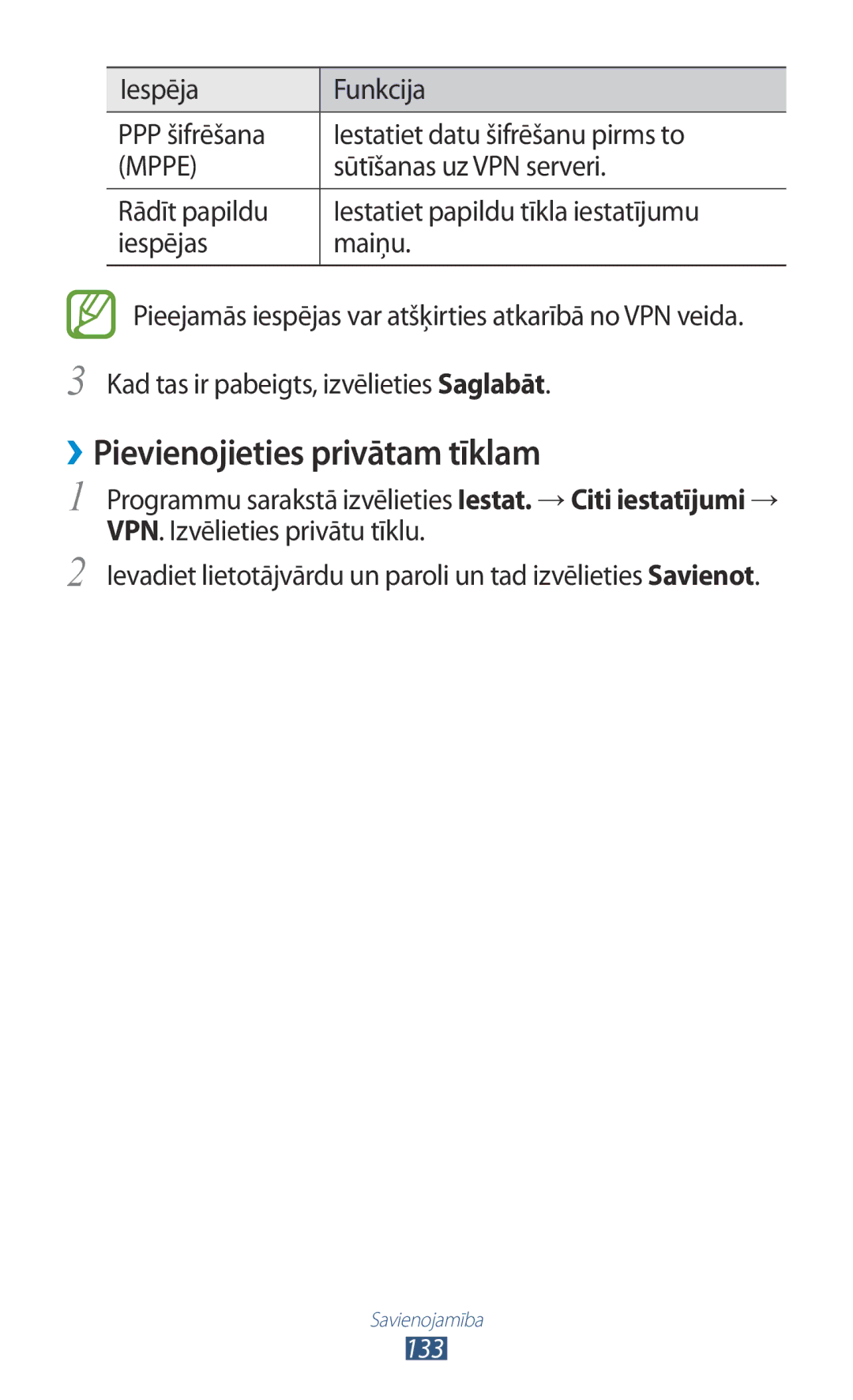 Samsung GT-I9300OKESEB, GT-I9300GRZSEB, GT-I9300ZNDSEB ››Pievienojieties privātam tīklam, Sūtīšanas uz VPN serveri, 133 