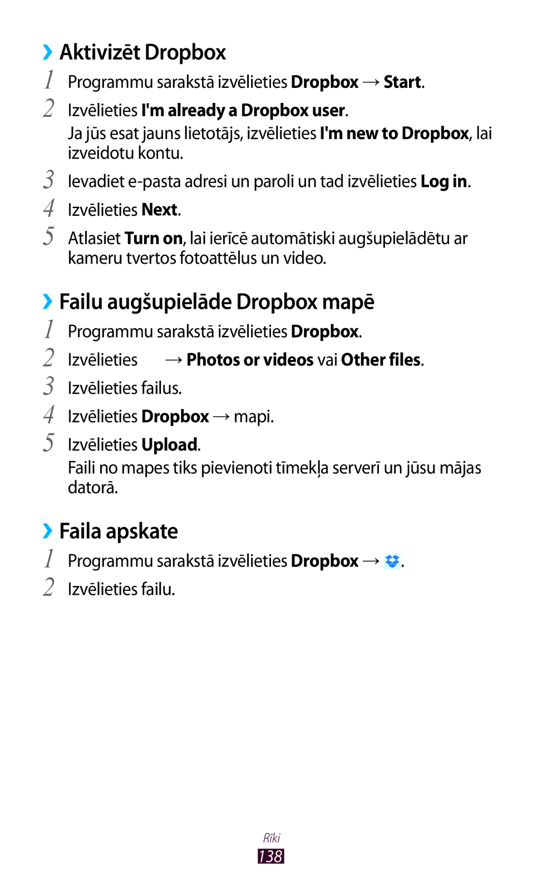 Samsung GT-I9300TADSEB, GT-I9300GRZSEB manual ››Aktivizēt Dropbox, ››Failu augšupielāde Dropbox mapē, ››Faila apskate 