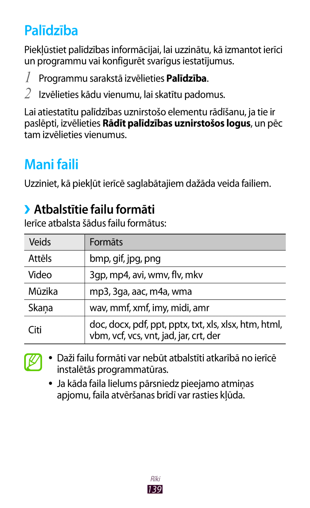 Samsung GT-I9300RWDSEB, GT-I9300GRZSEB, GT-I9300ZNDSEB manual Palīdzība, Mani faili, ››Atbalstītie failu formāti, 139 