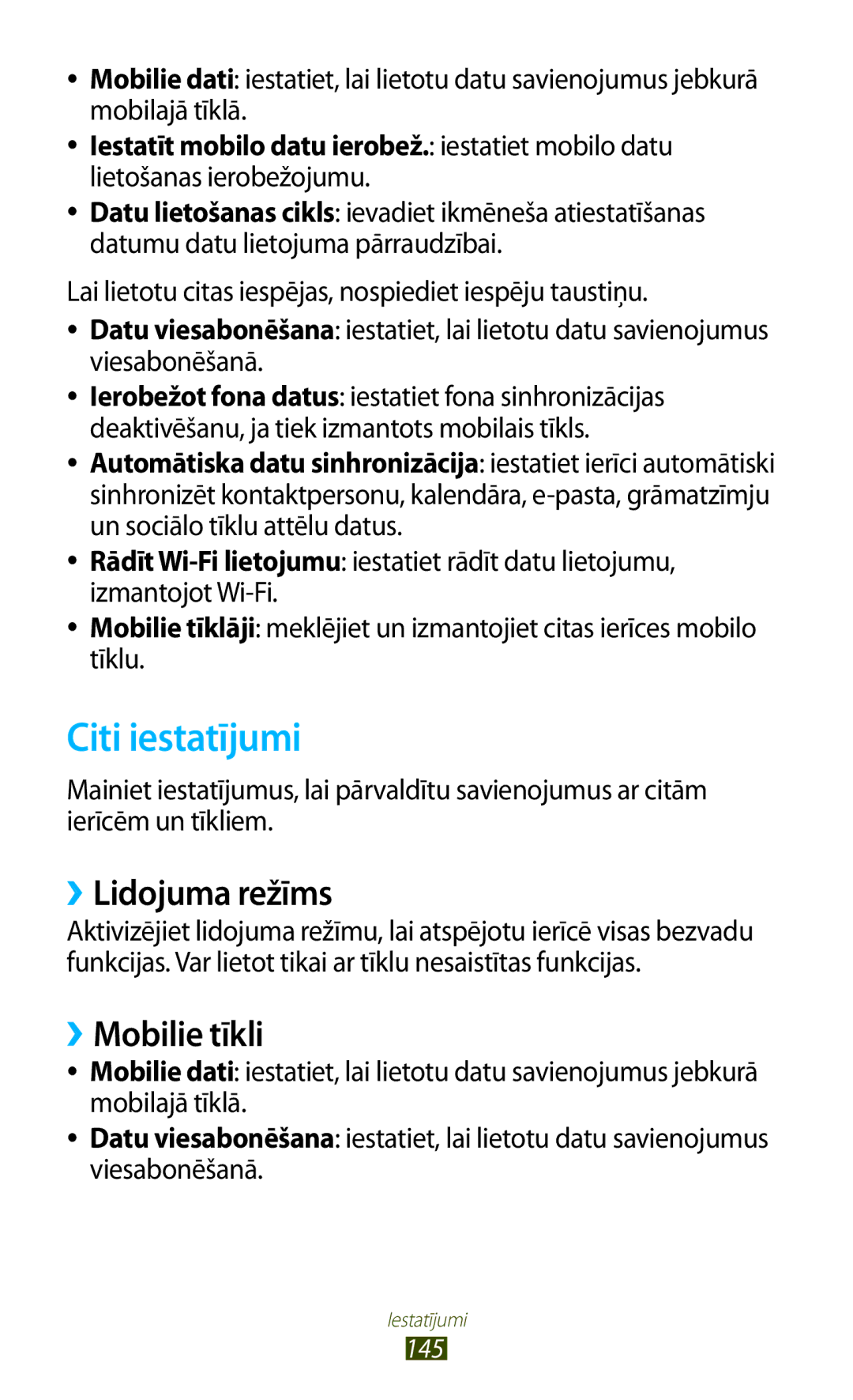 Samsung GT-I9300ZNDSEB, GT-I9300GRZSEB manual Citi iestatījumi, ››Lidojuma režīms, ››Mobilie tīkli, Lietošanas ierobežojumu 