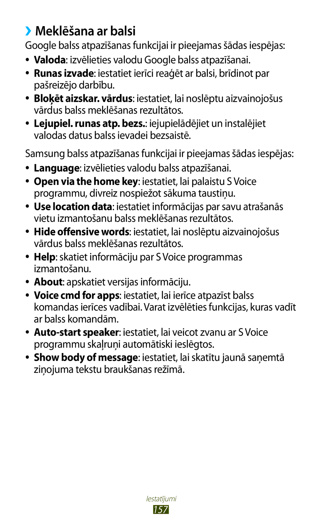 Samsung GT-I9300RWDSEB, GT-I9300GRZSEB manual ››Meklēšana ar balsi, Language izvēlieties valodu balss atpazīšanai, 157 