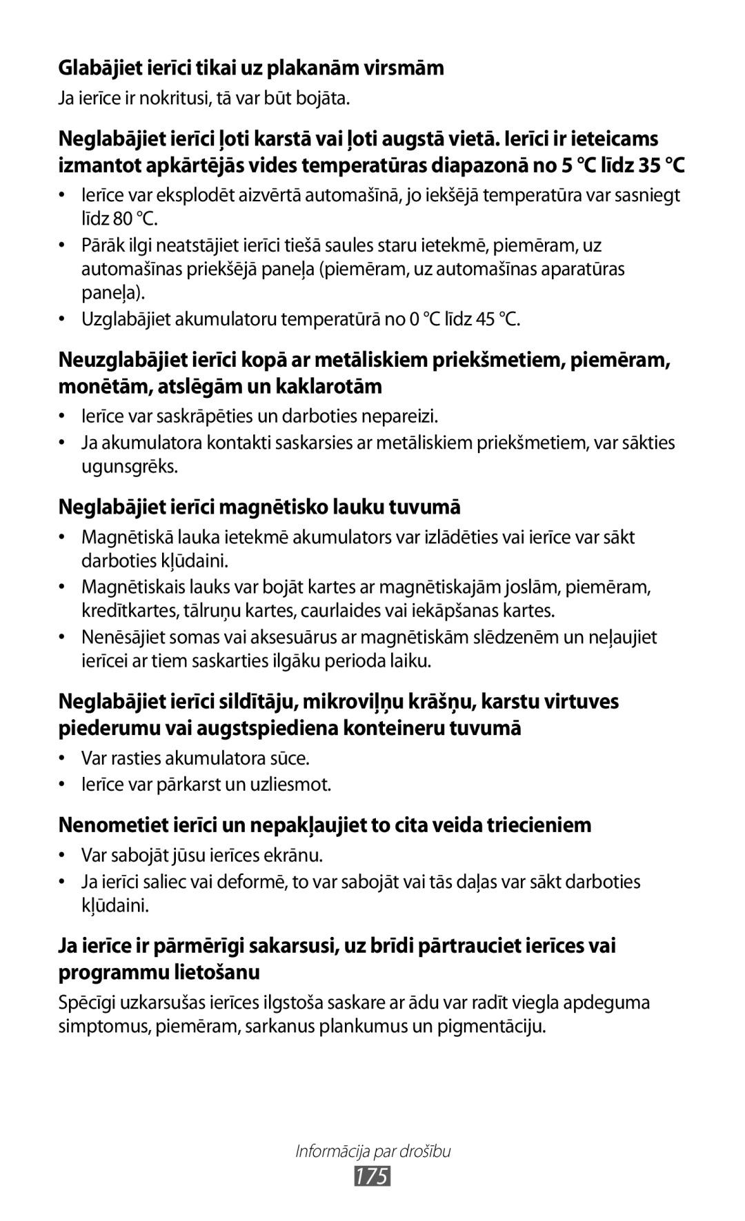 Samsung GT-I9300RWDSEB, GT-I9300GRZSEB, GT-I9300ZNDSEB, GT-I9300RWZSEB manual 175, Glabājiet ierīci tikai uz plakanām virsmām 