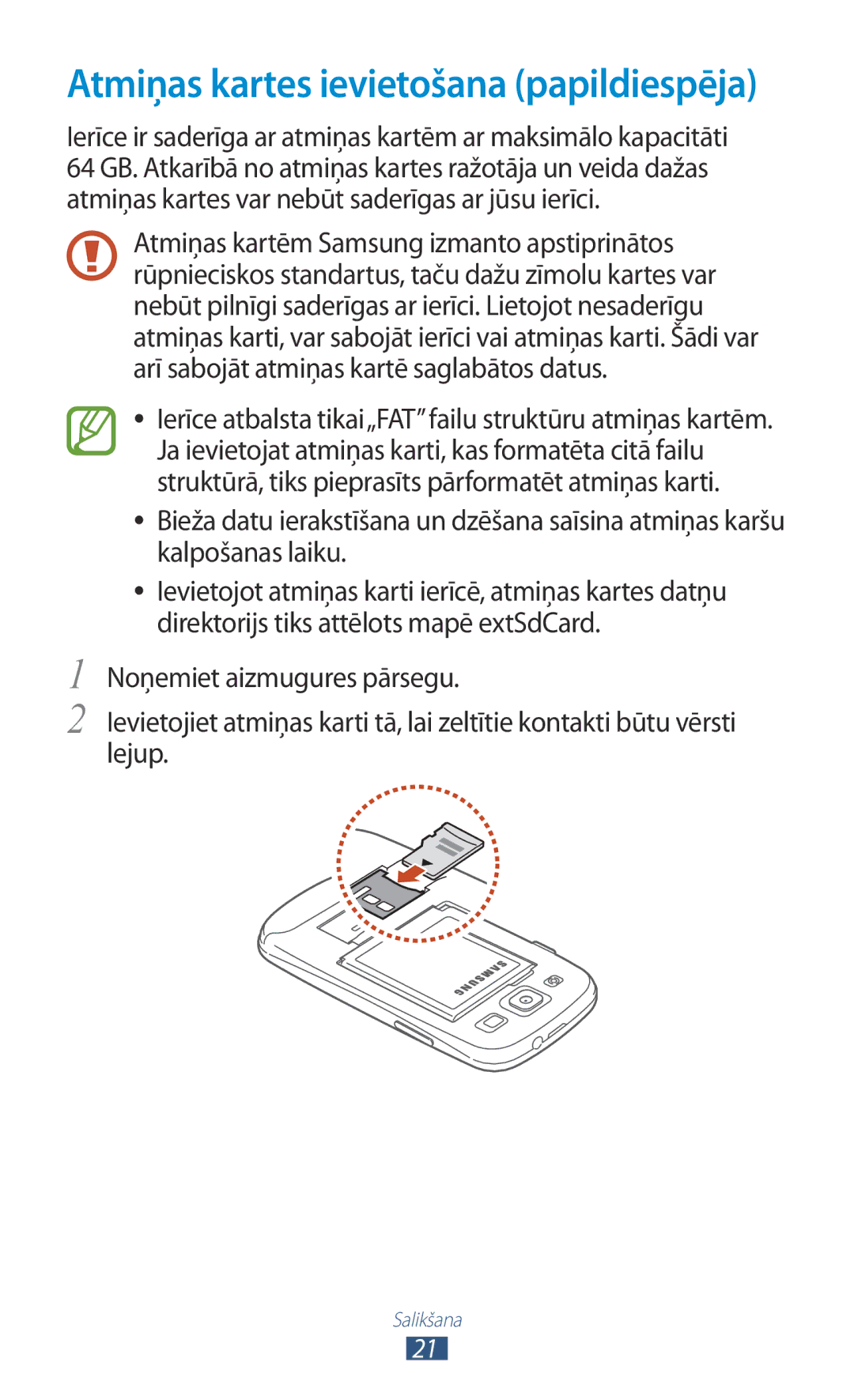 Samsung GT-I9300TADSEB, GT-I9300GRZSEB, GT-I9300ZNDSEB, GT-I9300RWZSEB manual Atmiņas kartes ievietošana papildiespēja 