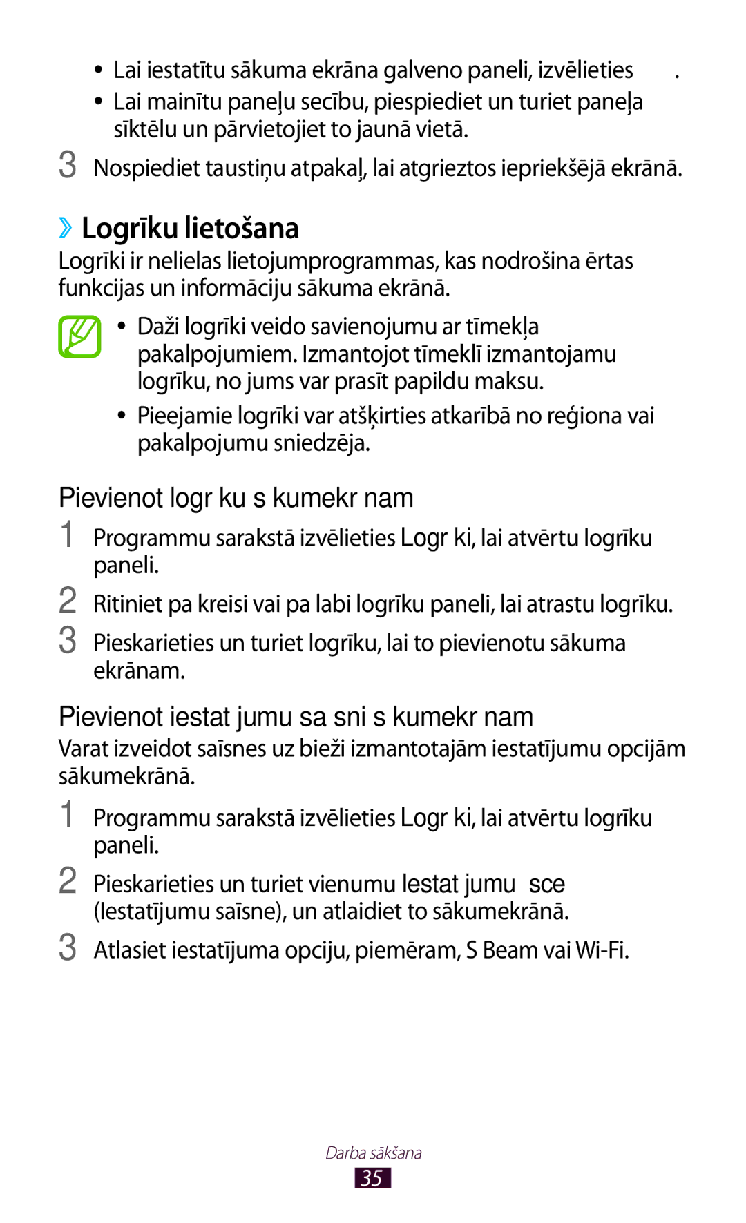 Samsung GT-I9300OKDSEB, GT-I9300GRZSEB manual ››Logrīku lietošana, Atlasiet iestatījuma opciju, piemēram, S Beam vai Wi-Fi 