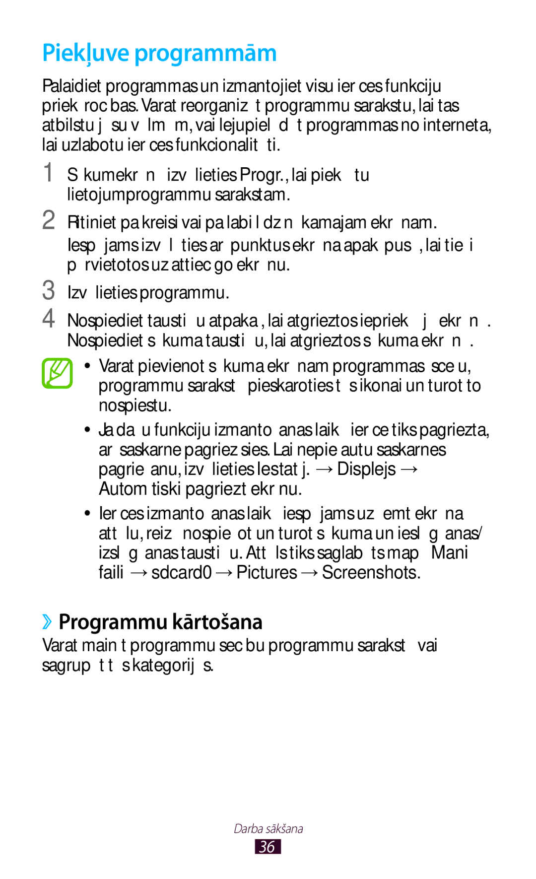 Samsung GT-I9300GRZSEB manual Piekļuve programmām, ››Programmu kārtošana, Faili → sdcard0 → Pictures → Screenshots 