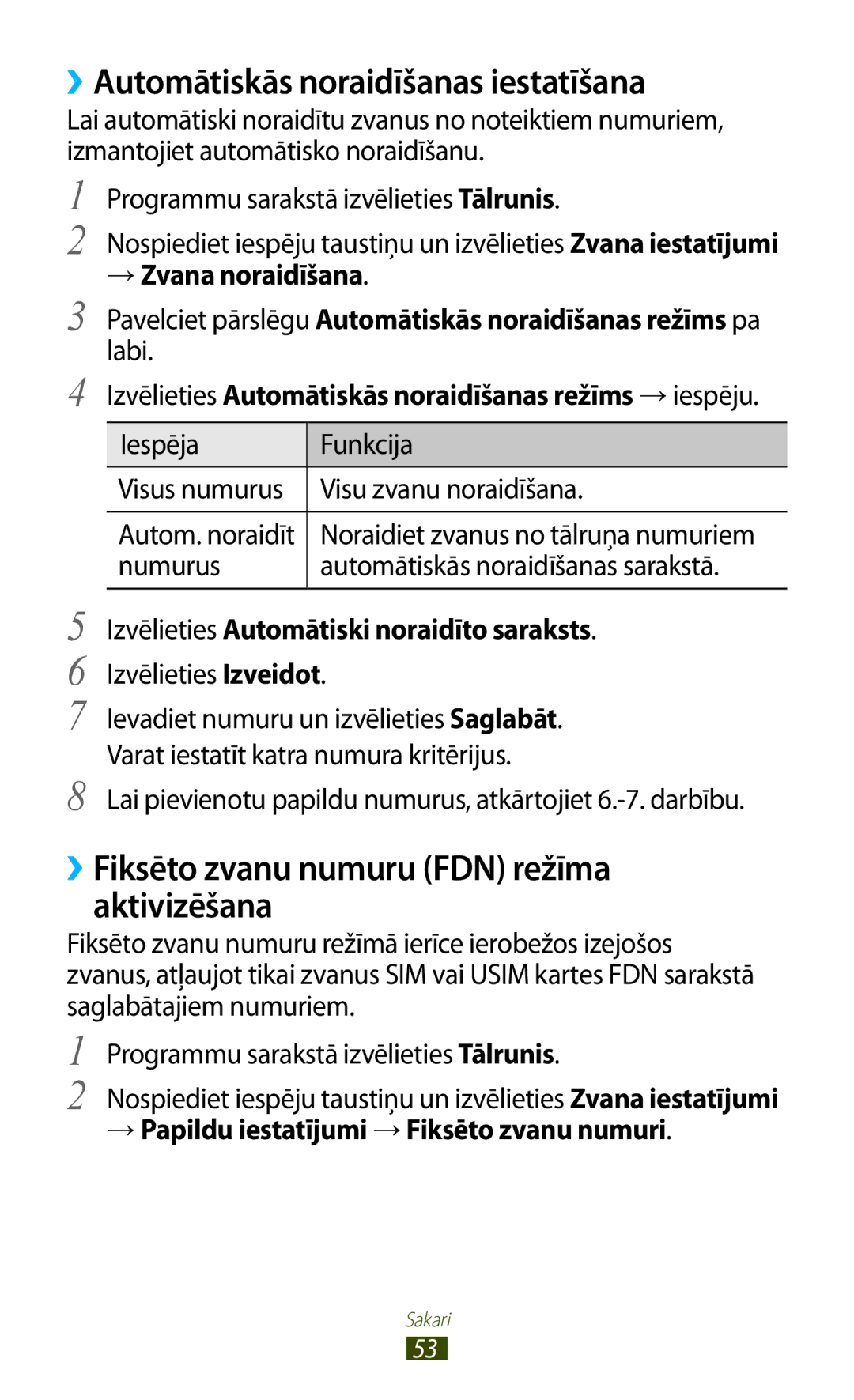 Samsung GT-I9300OKDSEB manual ››Automātiskās noraidīšanas iestatīšana, ››Fiksēto zvanu numuru FDN režīma aktivizēšana 