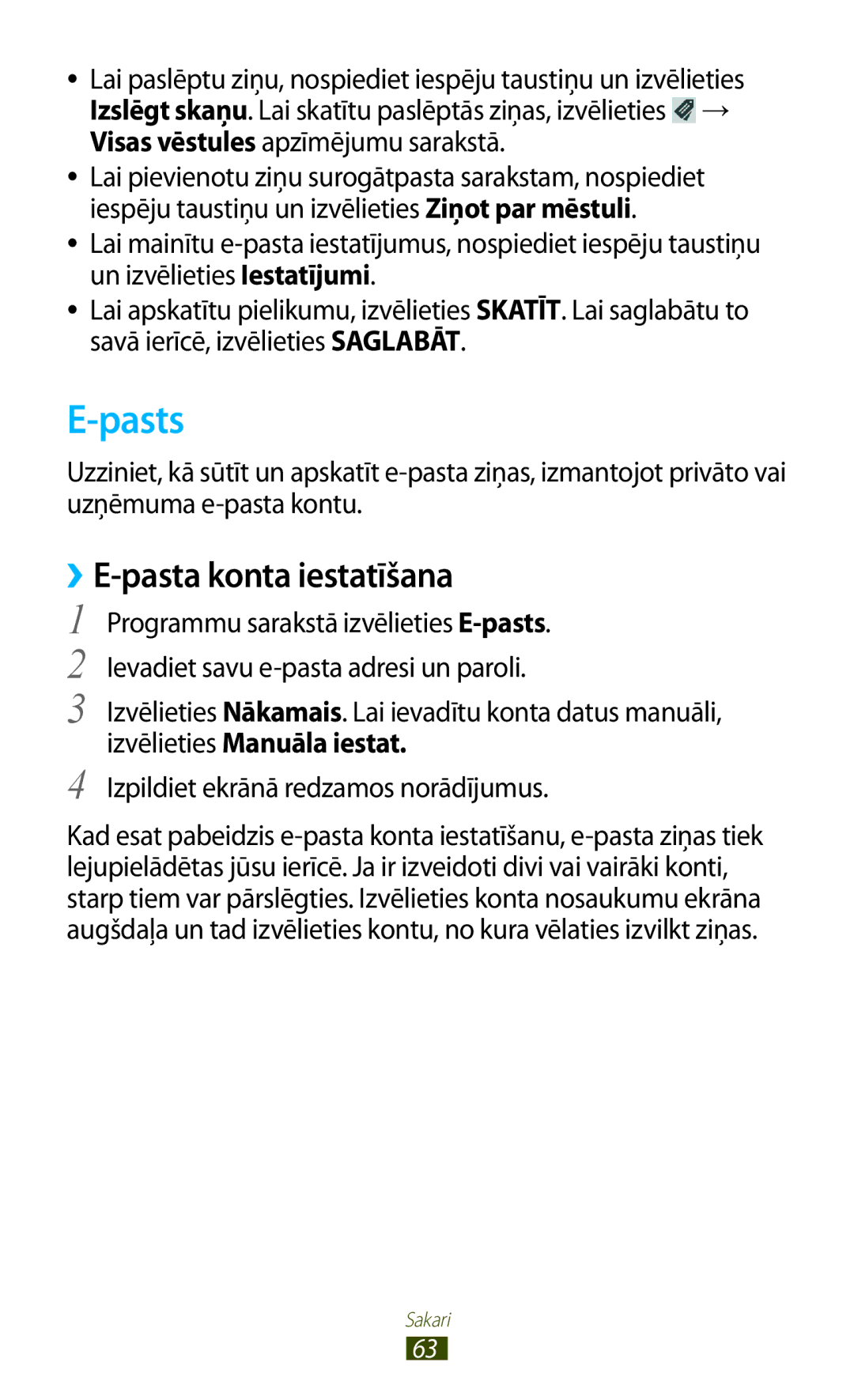 Samsung GT-I9300GRZSEB, GT-I9300ZNDSEB, GT-I9300RWZSEB, GT-I9300TADSEB, GT-I9300RWDSEB Pasts, ››E-pasta konta iestatīšana 