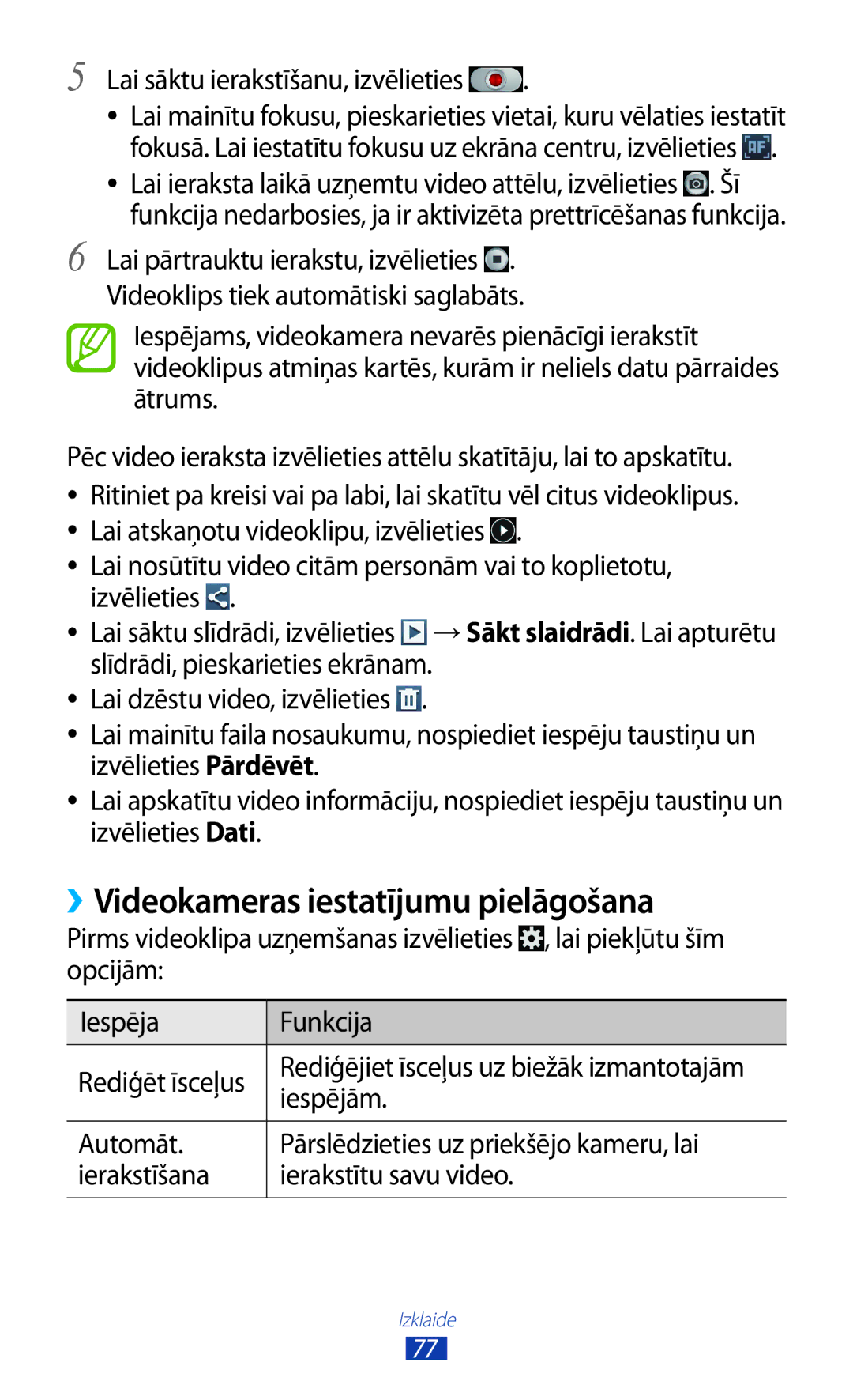 Samsung GT-I9300MBDSEB manual ››Videokameras iestatījumu pielāgošana, Lai sāktu ierakstīšanu, izvēlieties, Iespējām 