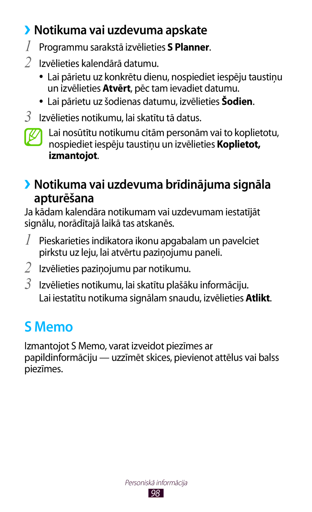 Samsung GT-I9300OKDSEB manual Memo, ››Notikuma vai uzdevuma apskate, ››Notikuma vai uzdevuma brīdinājuma signāla apturēšana 