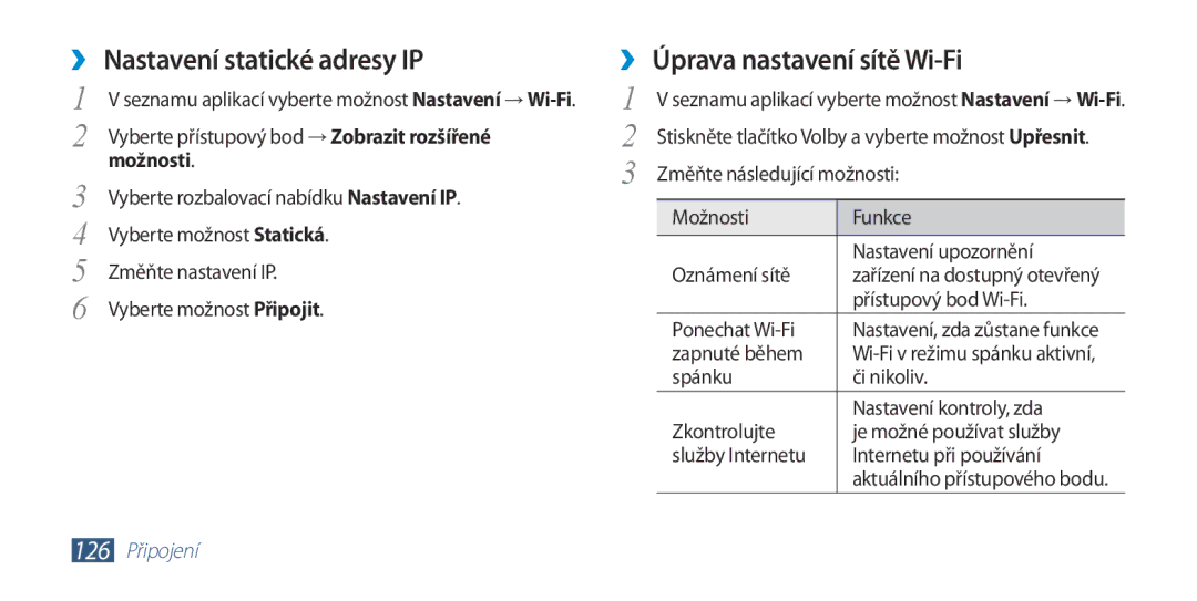 Samsung GT-I9300RWEVDC, GT-I9300MBDEUR manual ››Nastavení statické adresy IP, ››Úprava nastavení sítě Wi-Fi, Možnosti 