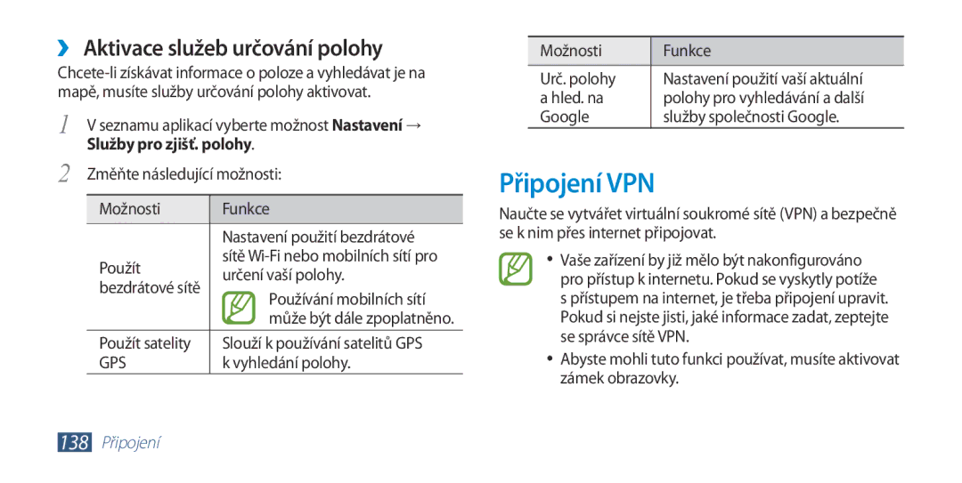 Samsung GT-I9300RWDXEZ, GT-I9300MBDEUR, GT-I9300MBDATO, GT-I9300MBDXEO manual Připojení VPN, ››Aktivace služeb určování polohy 