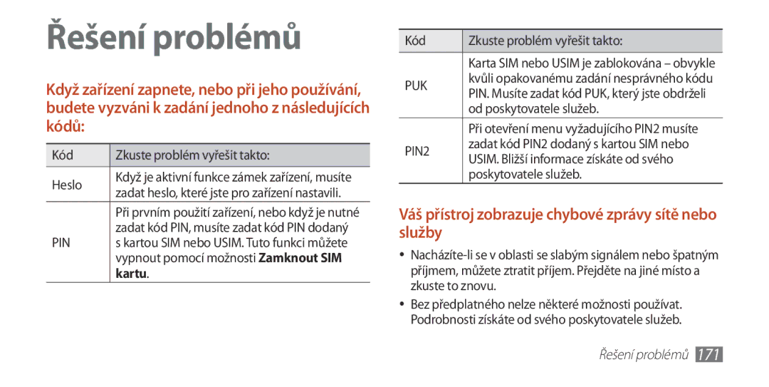 Samsung GT-I9300TADTMZ manual Kód Zkuste problém vyřešit takto Heslo, Kartu, Od poskytovatele služeb, Poskytovatele služeb 