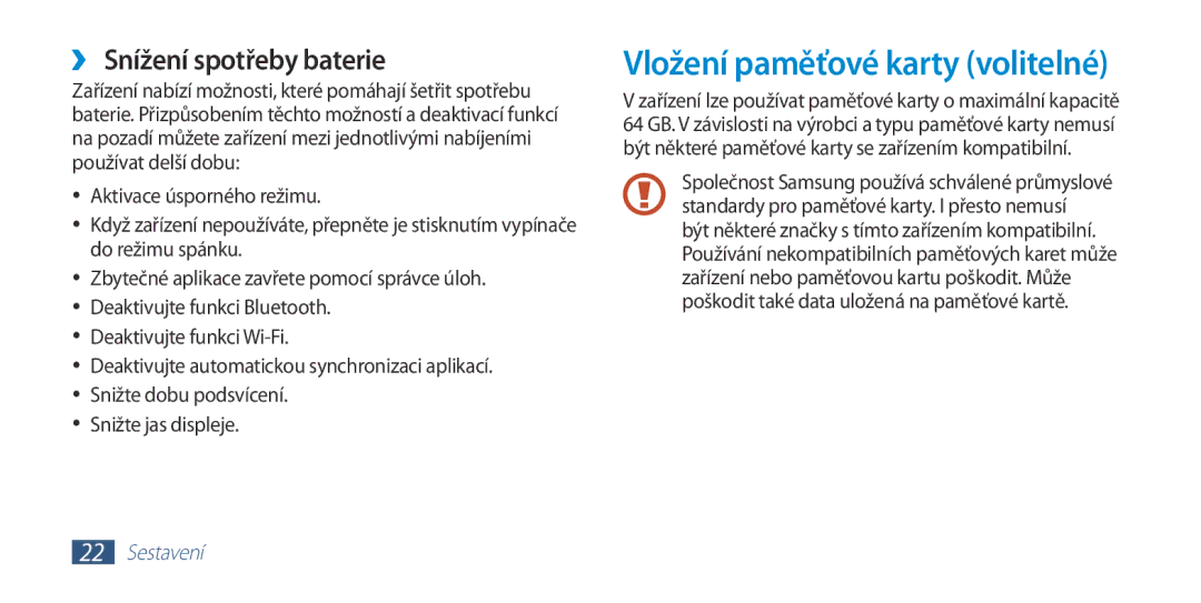 Samsung GT2I9300RWDORS, GT-I9300MBDEUR, GT-I9300MBDATO manual Vložení paměťové karty volitelné, ››Snížení spotřeby baterie 