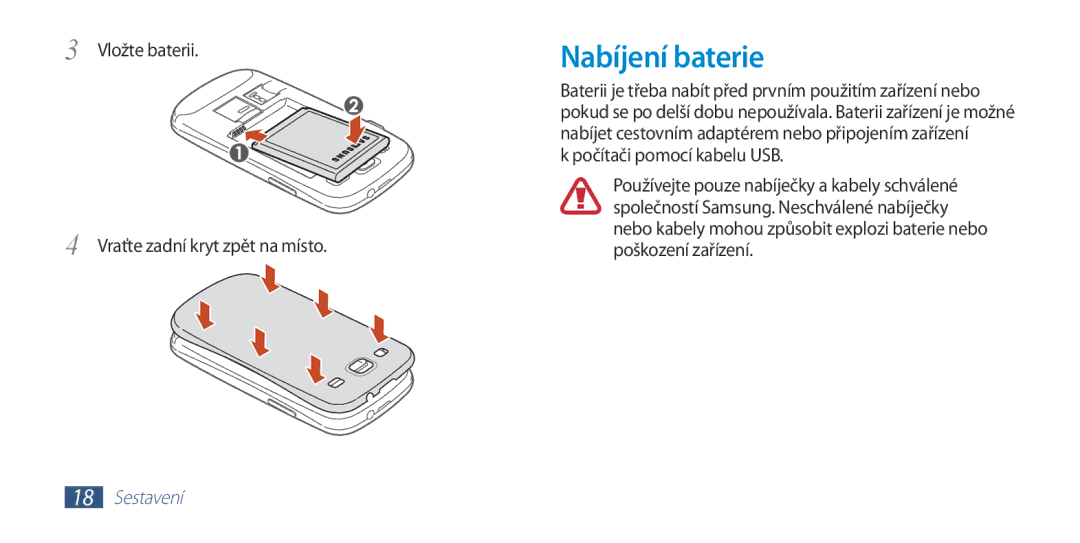 Samsung GT-I9300TADAUT manual Nabíjení baterie, Vložte baterii Vraťte zadní kryt zpět na místo, Počítači pomocí kabelu USB 