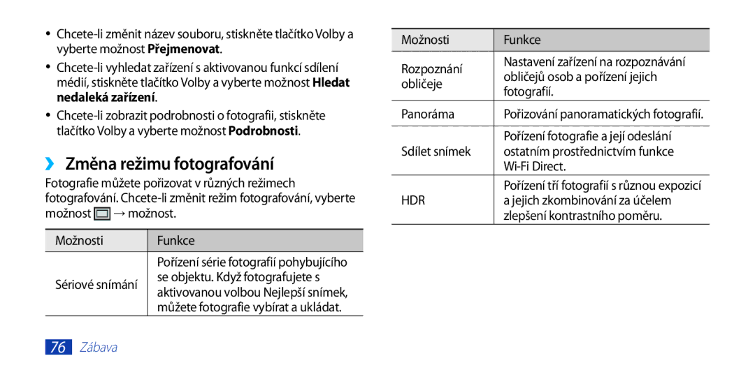 Samsung GT-I9300MBAAUT, GT-I9300MBDEUR, GT-I9300MBDATO, GT-I9300MBDXEO, GT-I9300RWDTPL manual ››Změna režimu fotografování 