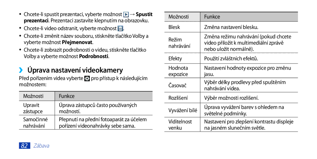 Samsung GT-I9300RWDATO, GT-I9300MBDEUR, GT-I9300MBDATO, GT-I9300MBDXEO, GT-I9300RWDTPL manual ››Úprava nastavení videokamery 