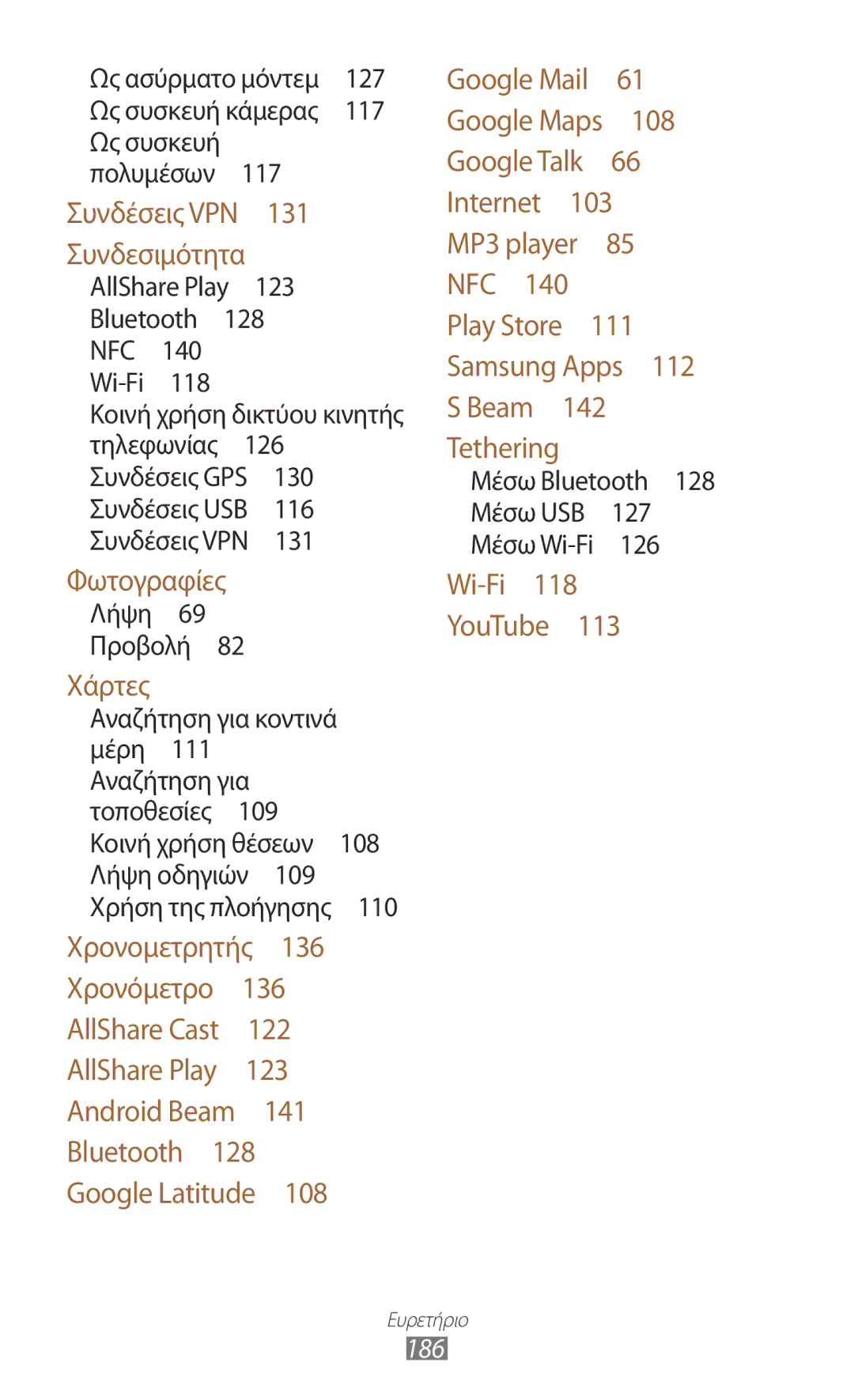 Samsung GT-I9300RWDCYV, GT-I9300MBDEUR, GT-I9300MBDCYV manual 186, 117, 140, Μέσω Bluetooth 128 Μέσω USB 127 Μέσω Wi-Fi  