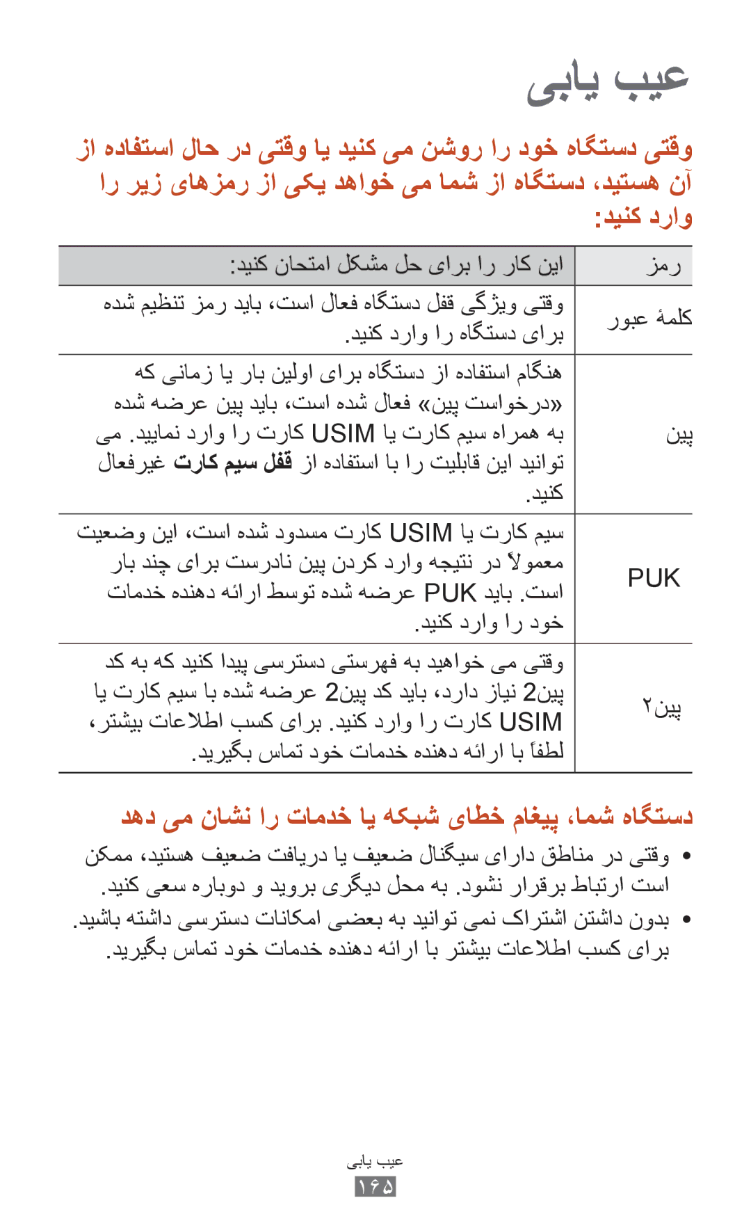 Samsung GT-I9300RWAKSA, GT-I9300MBDXSG manual تامدخ هدنهد هئارا طسوت هدش هضرع Puk دیاب .تسا, دینک دراو ار دوخ, ۲نیپ 