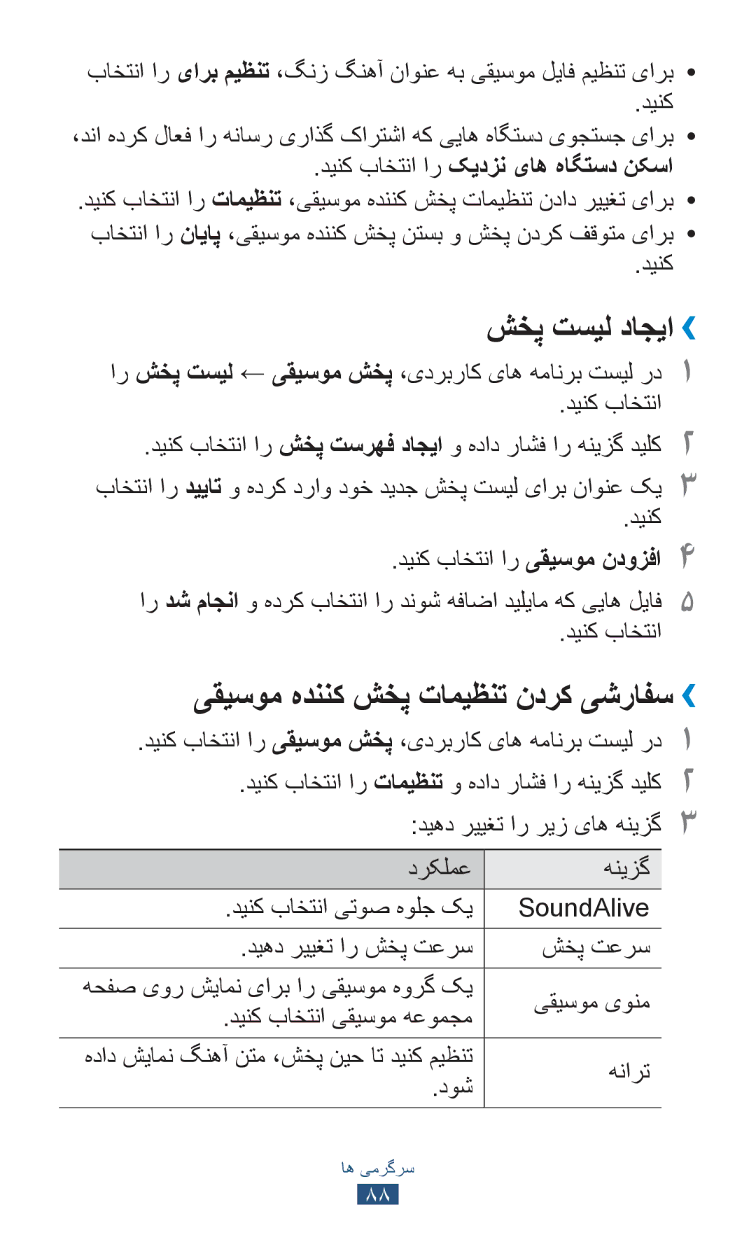 Samsung GT-I9300ZIDTHR, GT-I9300MBDXSG, GT-I9300RWAKSA manual شخپ تسیل داجیا››, یقیسوم هدننک شخپ تامیظنت ندرک یشرافس››, هنارت 