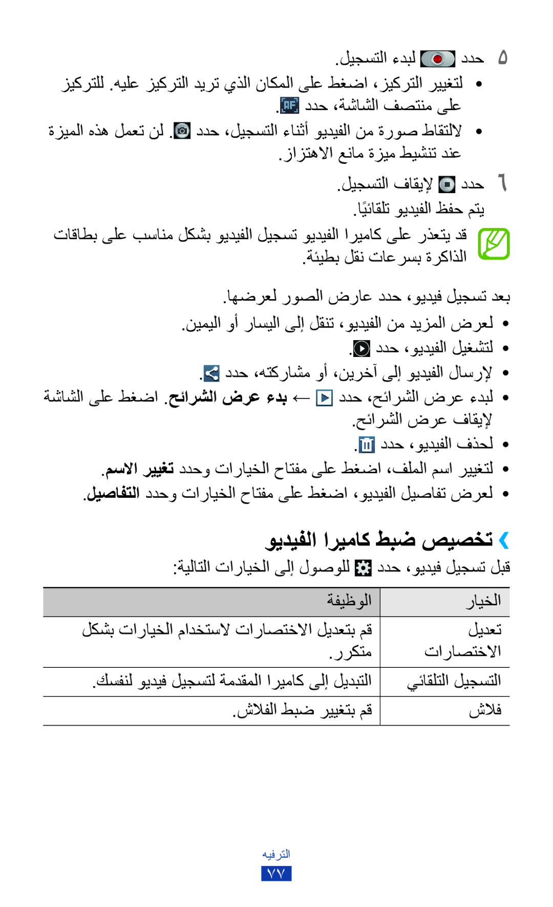 Samsung GT-I9300RWDXSG, GT-I9300MBDXSG, GT-I9300RWAKSA manual ويديفلا اريماك طبض صيصخت››, ةيلاتلا تارايخلا ىلإ لوصولل 