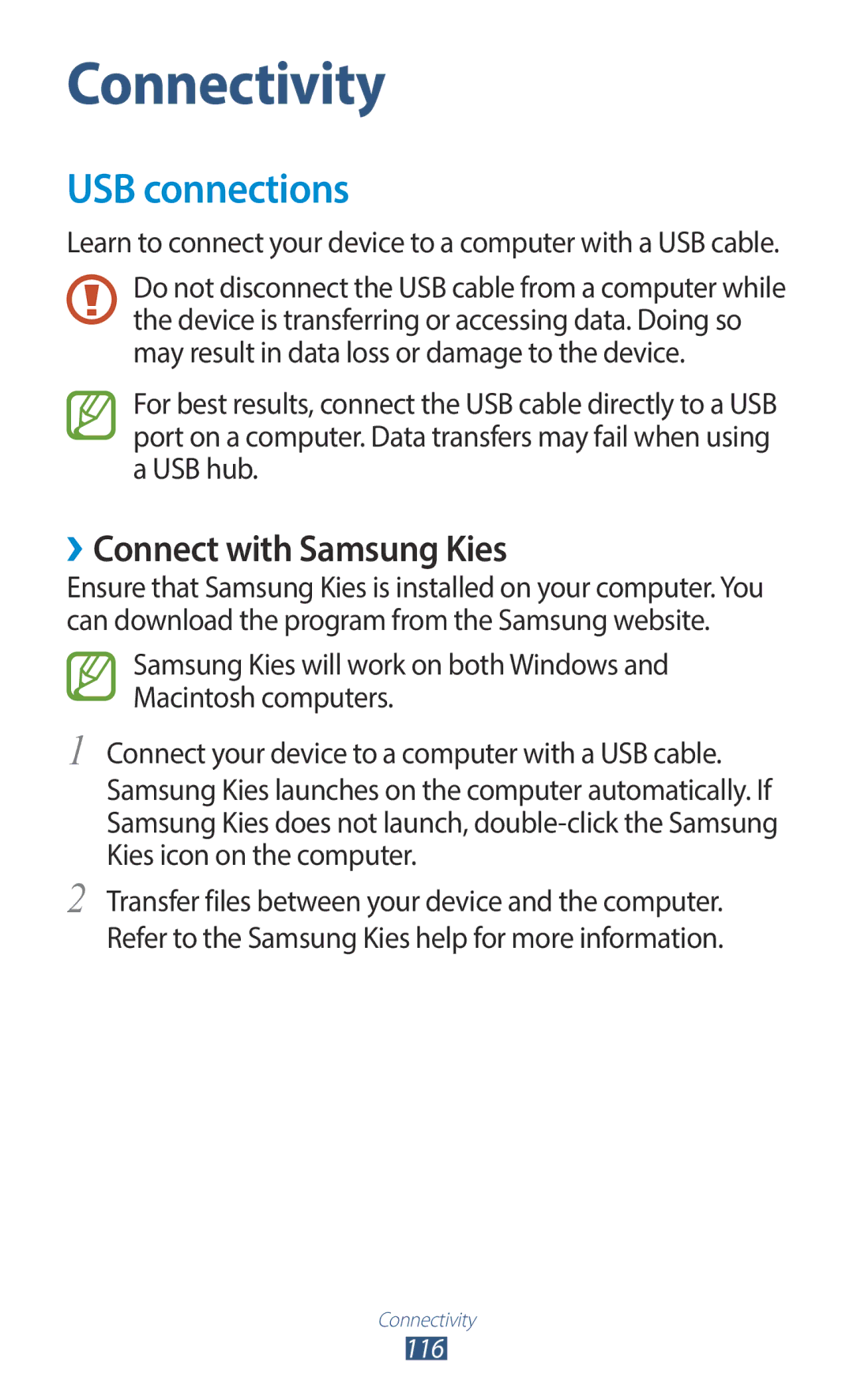 Samsung GT-I9300MBDABS, GT-I9300MBDXSG, GT-I9300RWAKSA, GT-I9300RWDABS manual USB connections, ››Connect with Samsung Kies 