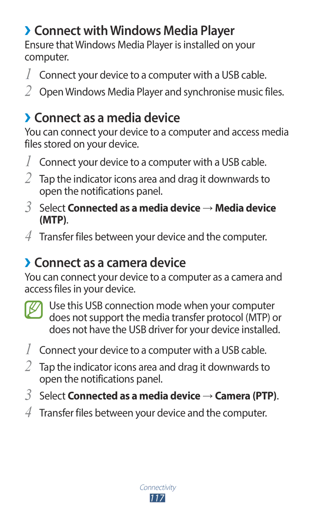 Samsung GT-I9300MBDMRT ››Connect with Windows Media Player, ››Connect as a media device, ››Connect as a camera device 