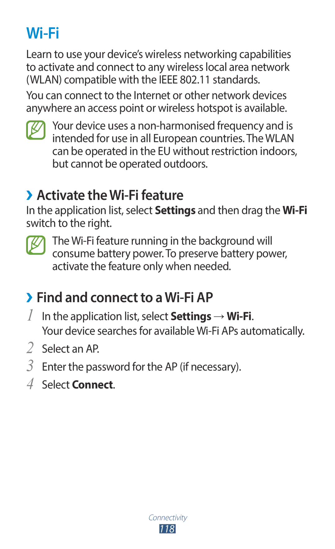 Samsung GT-I9300MBDTMC, GT-I9300MBDXSG, GT-I9300RWAKSA ››Activate the Wi-Fi feature, ››Find and connect to a Wi-Fi AP 