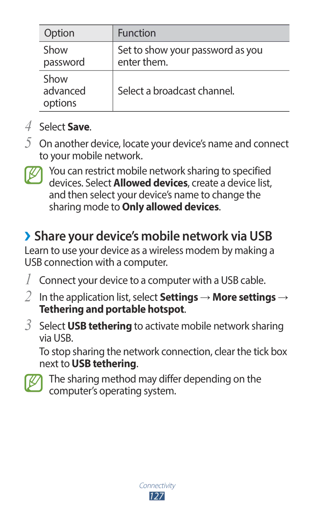 Samsung GT-I9300RWAXSG, GT-I9300MBDXSG manual ››Share your device’s mobile network via USB, Tethering and portable hotspot 