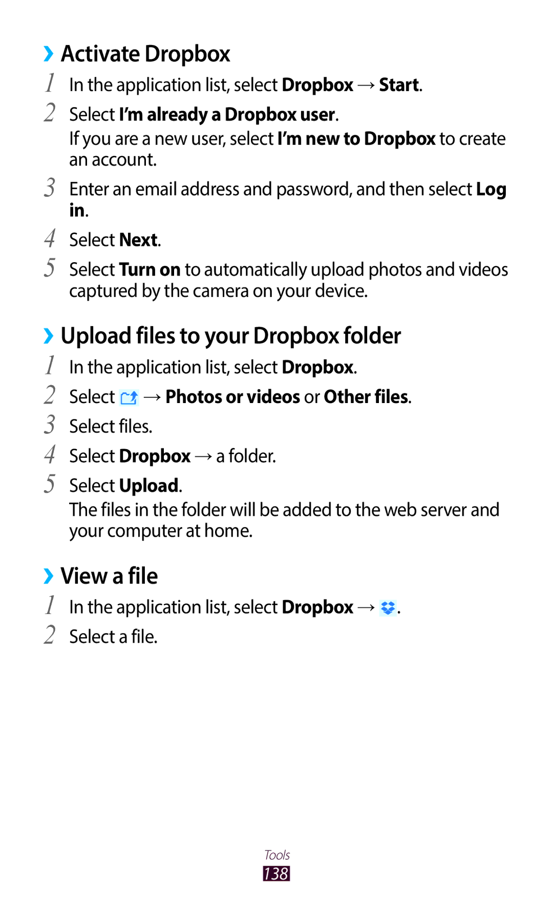 Samsung GT-I9300MBAJED, GT-I9300MBDXSG manual ››Activate Dropbox, ››Upload files to your Dropbox folder, ››View a file 