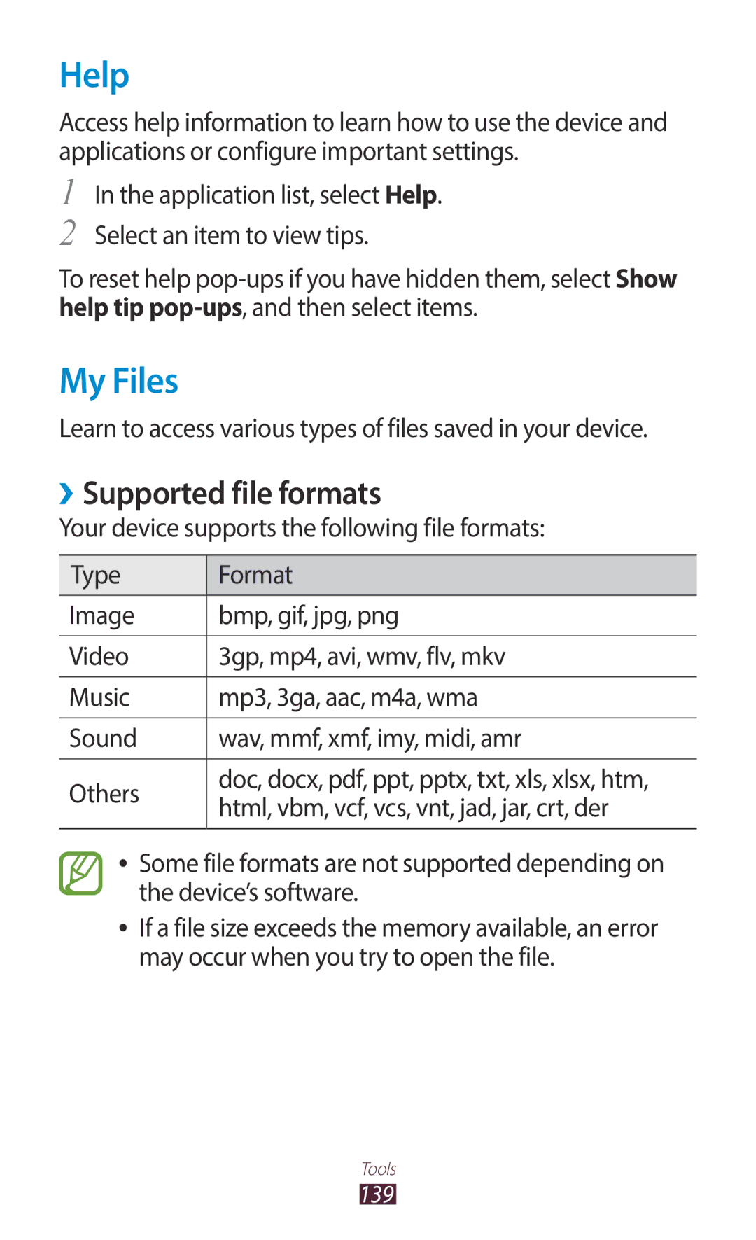 Samsung GT-I9300MBEXSG, GT-I9300MBDXSG, GT-I9300RWAKSA, GT-I9300RWDABS manual Help, My Files, ››Supported file formats 