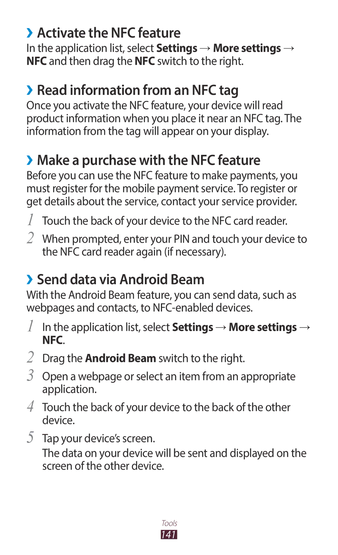 Samsung GT-I9300MBXTHR manual ››Activate the NFC feature, ››Read information from an NFC tag, ››Send data via Android Beam 