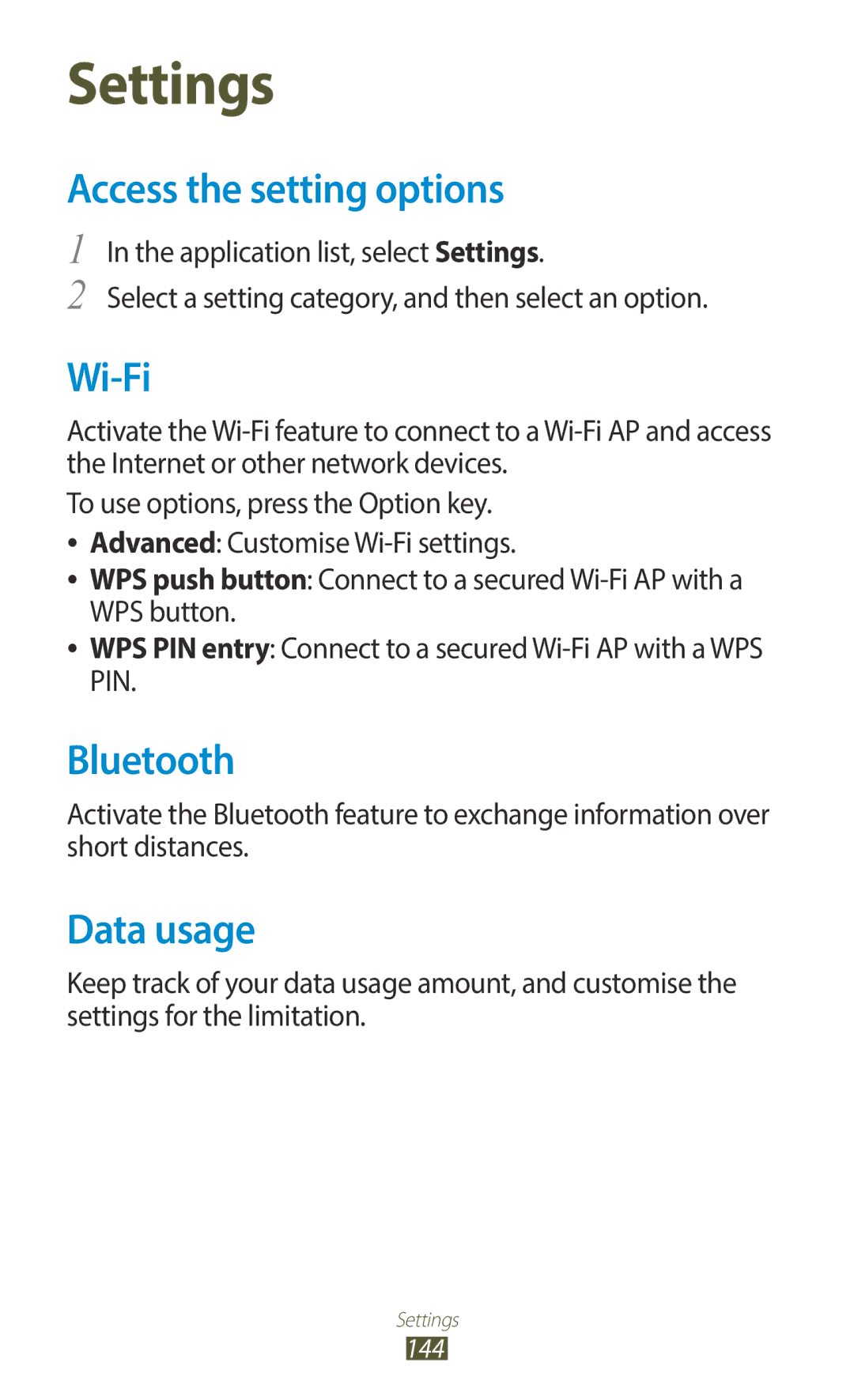 Samsung GT-I9300RWDPAK, GT-I9300MBDXSG, GT-I9300RWAKSA, GT-I9300RWDABS, GT-I9300RWDJED Access the setting options, Data usage 