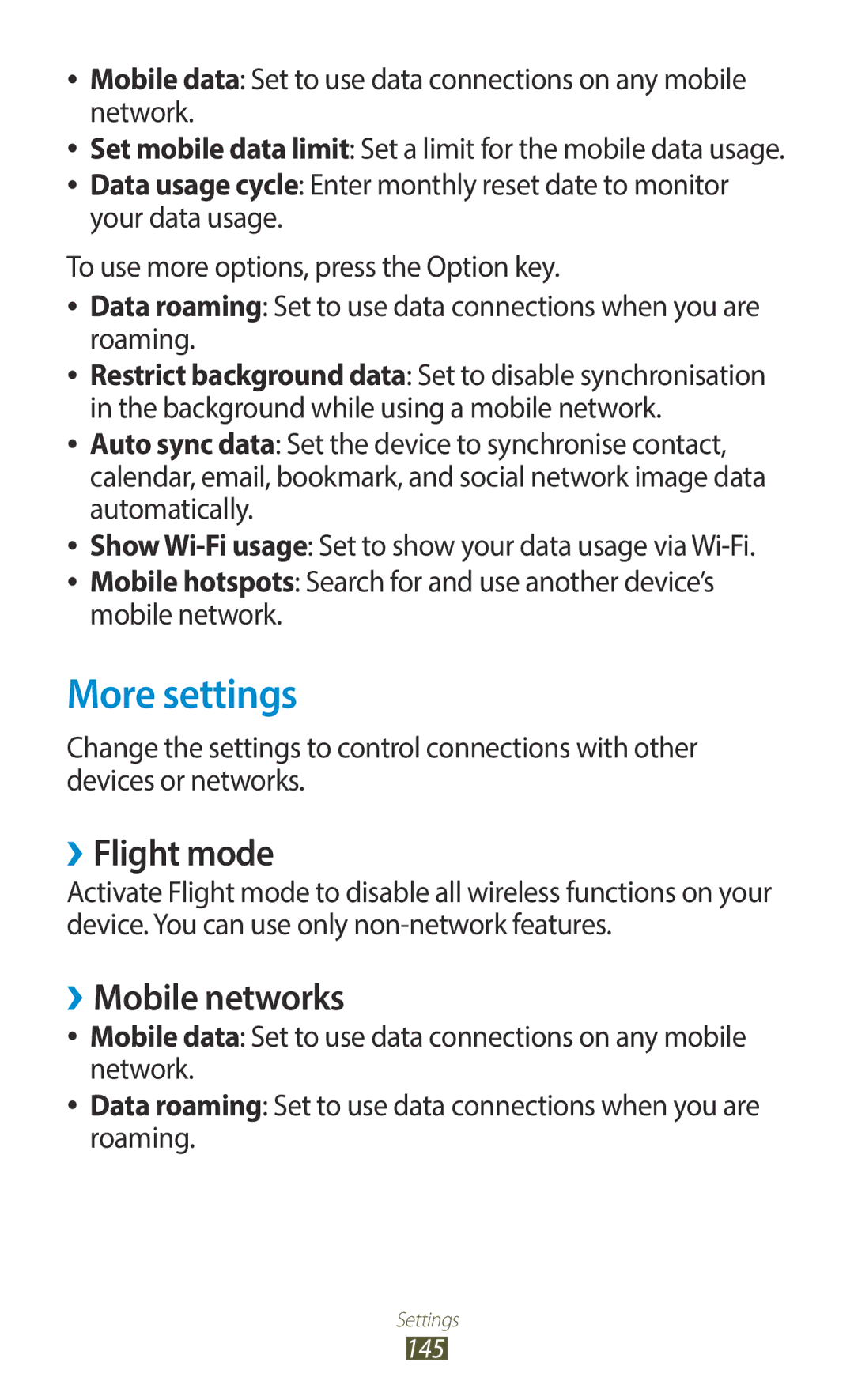 Samsung GT-I9300TAEAFR, GT-I9300MBDXSG, GT-I9300RWAKSA, GT-I9300RWDABS manual More settings, ››Flight mode, ››Mobile networks 