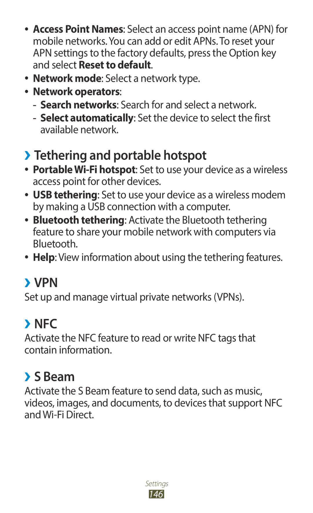 Samsung GT-I9300GRAAFR manual ››Tethering and portable hotspot, ››S Beam, Set up and manage virtual private networks VPNs 