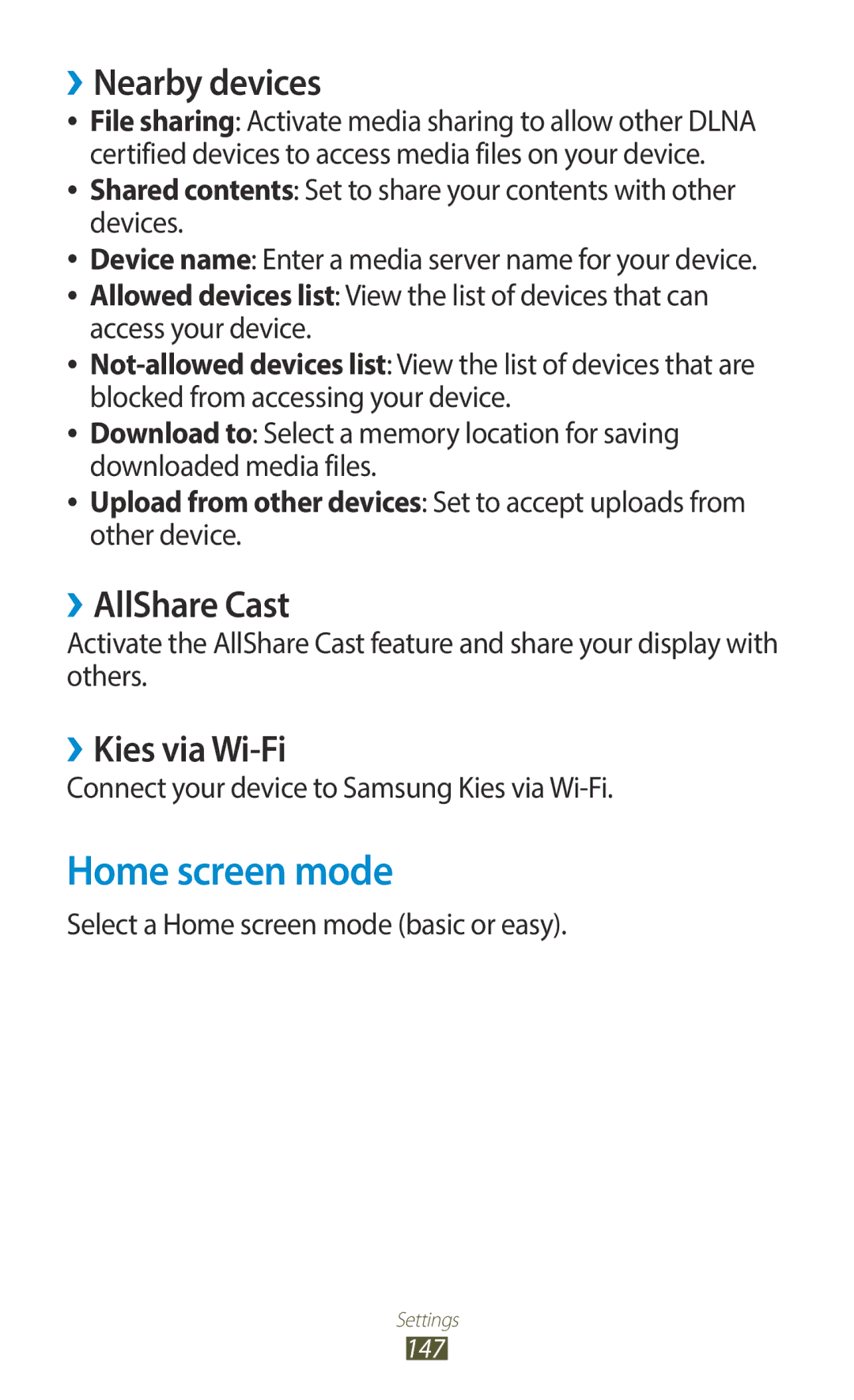 Samsung GT-I9300MBDAFR, GT-I9300MBDXSG manual Home screen mode, ››Nearby devices, ››AllShare Cast, ››Kies via Wi-Fi 