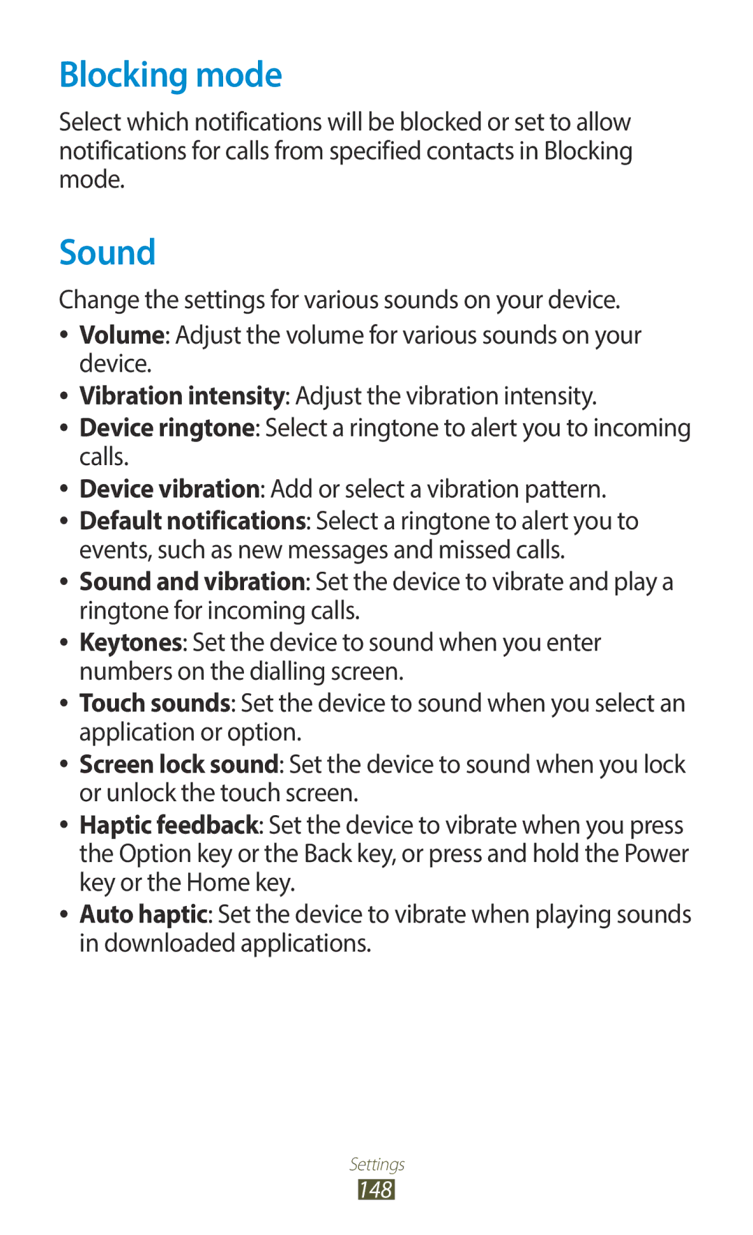 Samsung GT-I9300MBDSKZ, GT-I9300MBDXSG, GT-I9300RWAKSA, GT-I9300RWDABS, GT-I9300RWDJED, GT-I9300RWXJED Blocking mode, Sound 