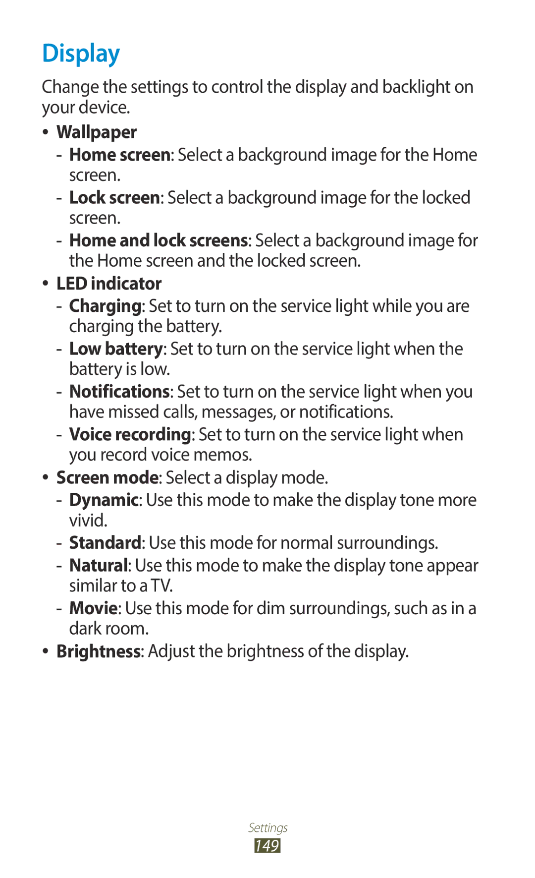 Samsung GT-I9300MBXJED, GT-I9300MBDXSG, GT-I9300RWAKSA, GT-I9300RWDABS, GT-I9300RWDJED manual Display, Wallpaper, LED indicator 