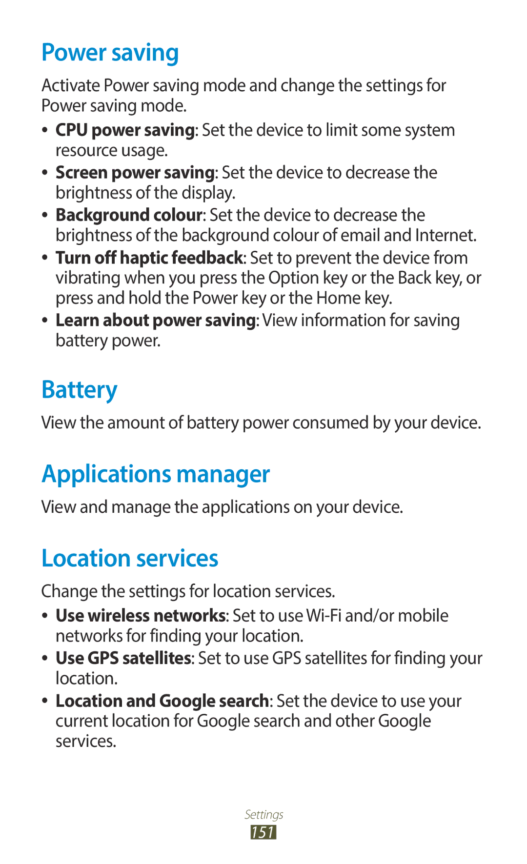 Samsung GT-I9300RWDBTC, GT-I9300MBDXSG, GT-I9300RWAKSA manual Power saving, Battery, Applications manager, Location services 