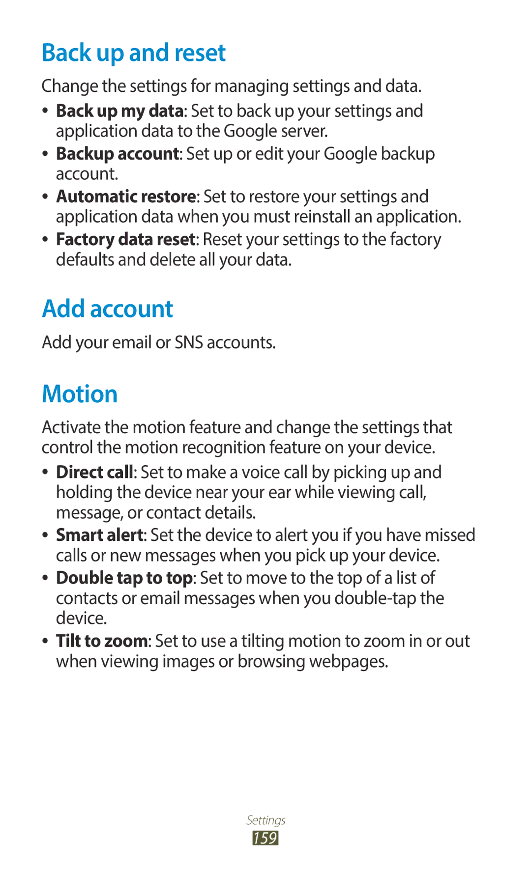 Samsung GT-I9300RWDAFR, GT-I9300MBDXSG, GT-I9300RWAKSA, GT-I9300RWDABS, GT-I9300RWDJED Back up and reset, Add account, Motion 