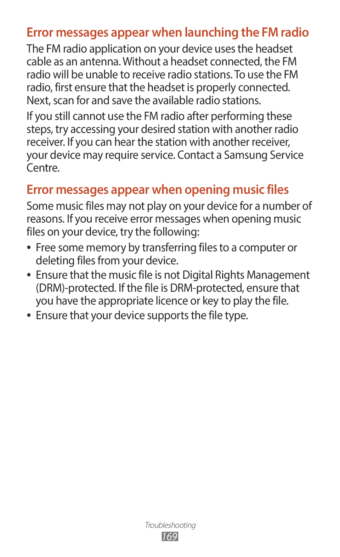 Samsung GT-I9300RWASKZ, GT-I9300MBDXSG, GT-I9300RWAKSA, GT-I9300RWDABS manual Error messages appear when opening music files 