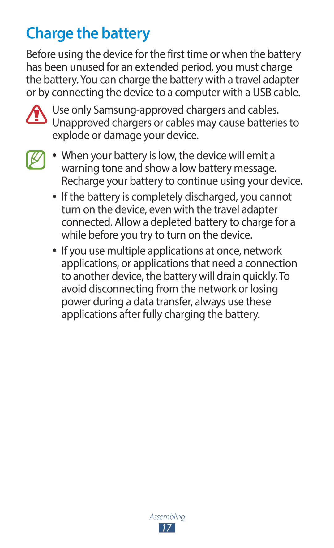 Samsung GT-I9300OKAAFR, GT-I9300MBDXSG, GT-I9300RWAKSA, GT-I9300RWDABS, GT-I9300RWDJED, GT-I9300RWXJED manual Charge the battery 