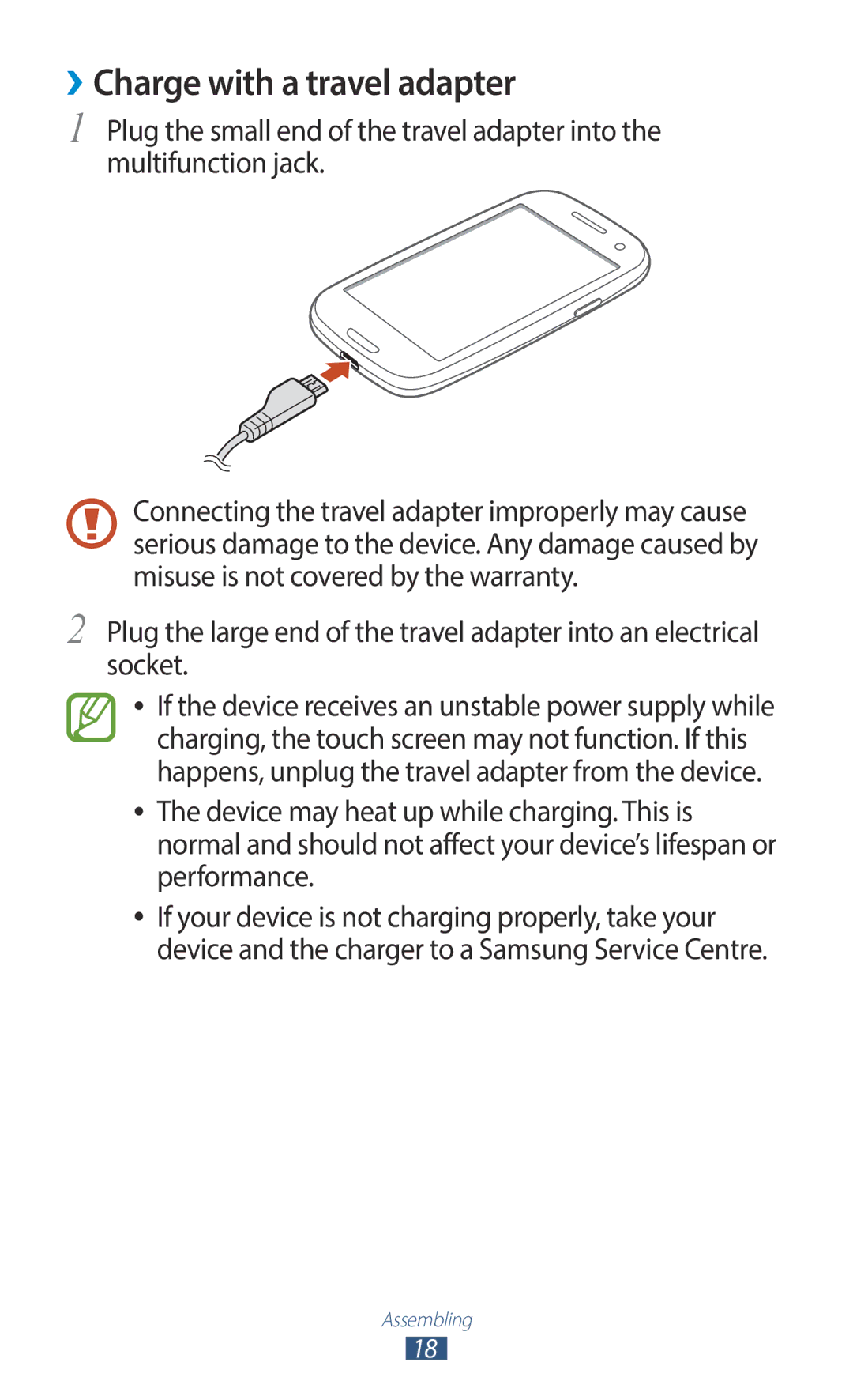 Samsung GT-I9300OKEAFR, GT-I9300MBDXSG, GT-I9300RWAKSA, GT-I9300RWDABS, GT-I9300RWDJED manual ››Charge with a travel adapter 