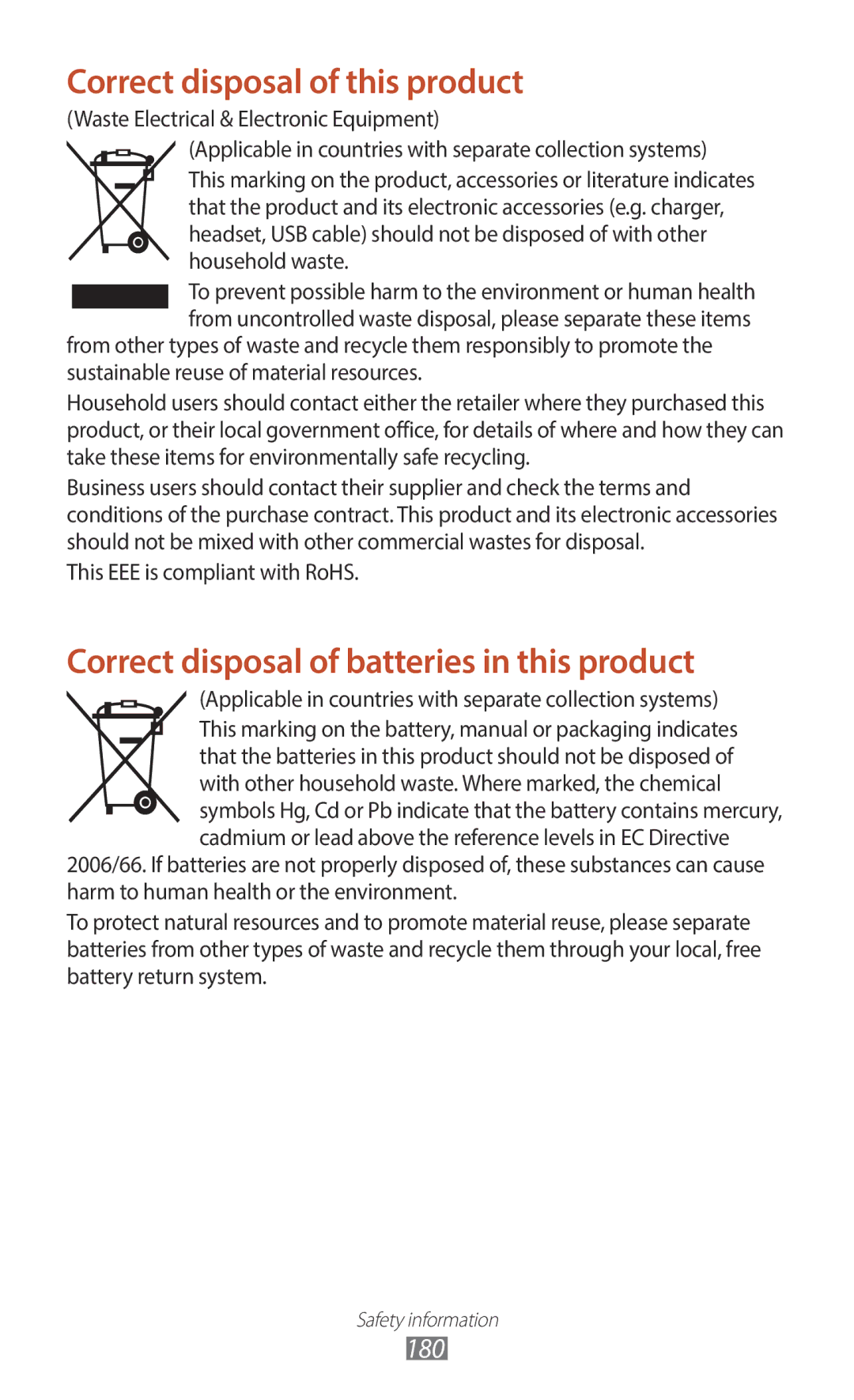 Samsung GT-I9300RWDAFG, GT-I9300MBDXSG, GT-I9300RWAKSA, GT-I9300RWDABS, GT-I9300RWDJED manual Correct disposal of this product 