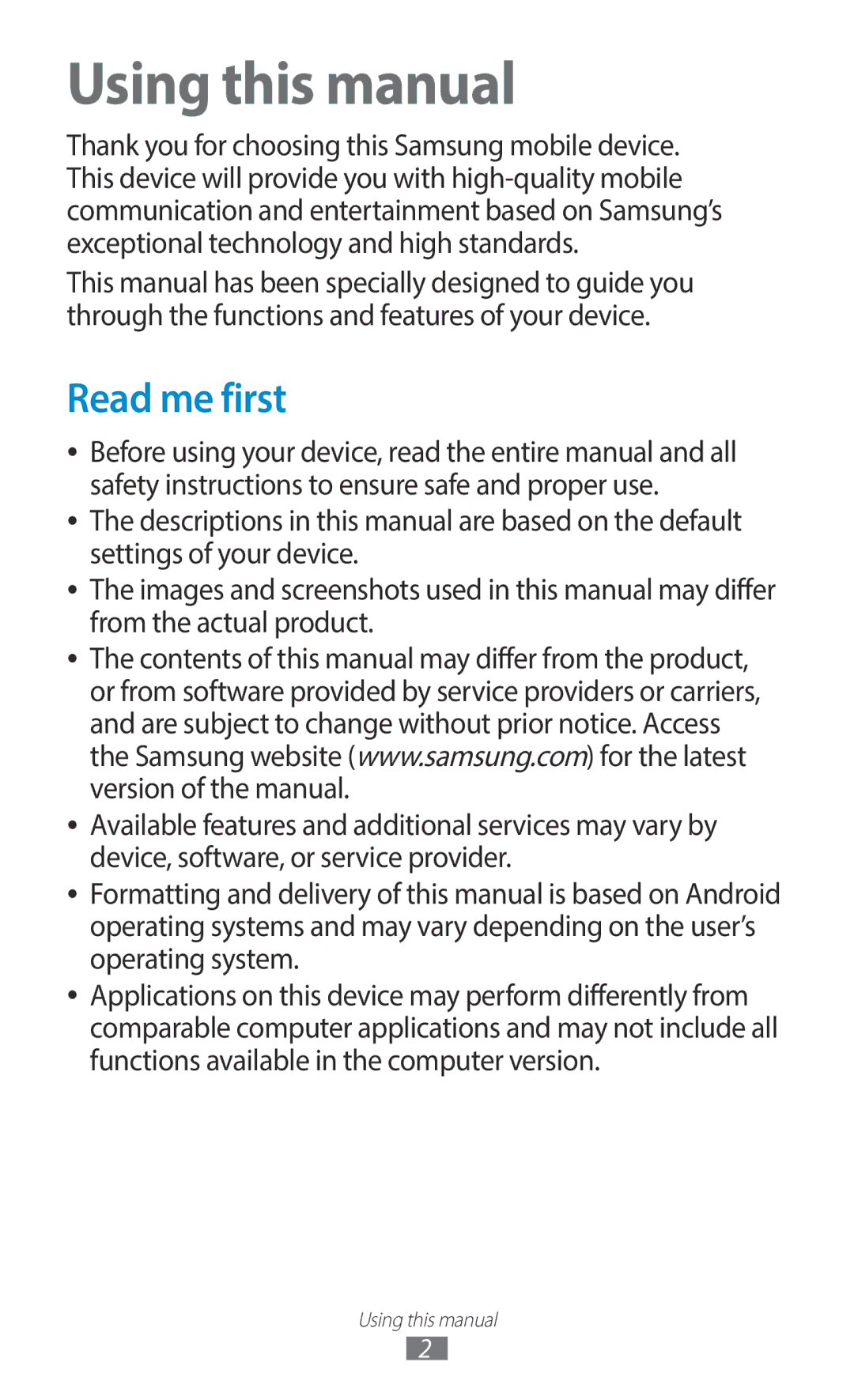 Samsung GT-I9300RWDABS, GT-I9300MBDXSG, GT-I9300RWAKSA, GT-I9300RWDJED, GT-I9300RWXJED Using this manual, Read me first 