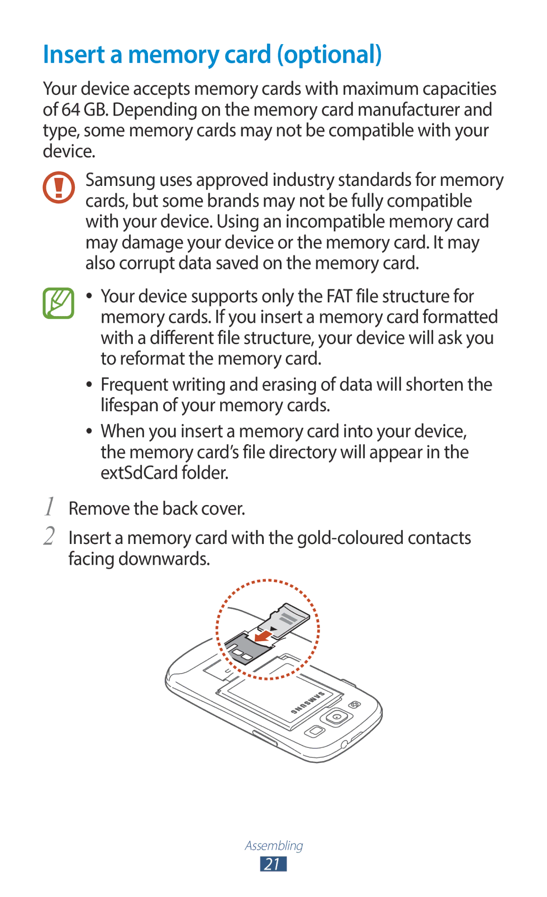 Samsung GT-I9300RWEXSG, GT-I9300MBDXSG, GT-I9300RWAKSA, GT-I9300RWDABS, GT-I9300RWDJED manual Insert a memory card optional 