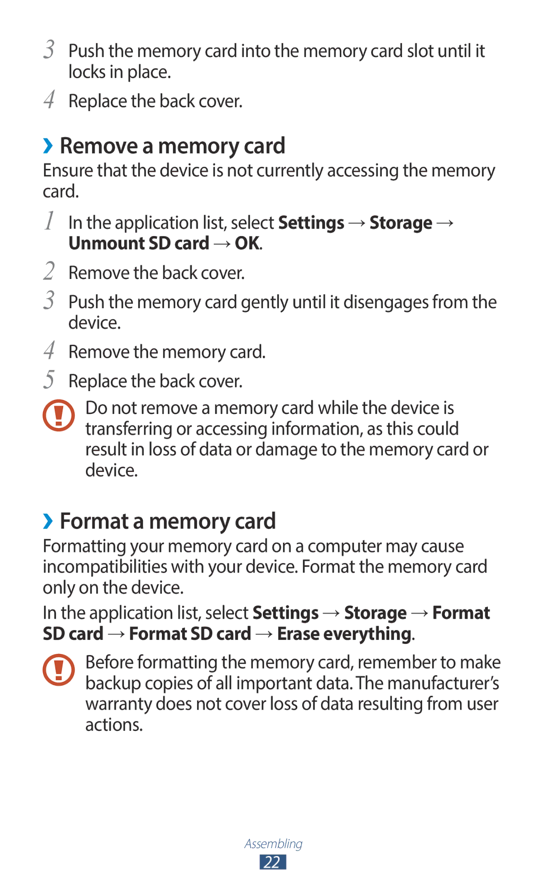 Samsung GT-I9300RWAXSG, GT-I9300MBDXSG, GT-I9300RWAKSA ››Remove a memory card, ››Format a memory card, Unmount SD card → OK 